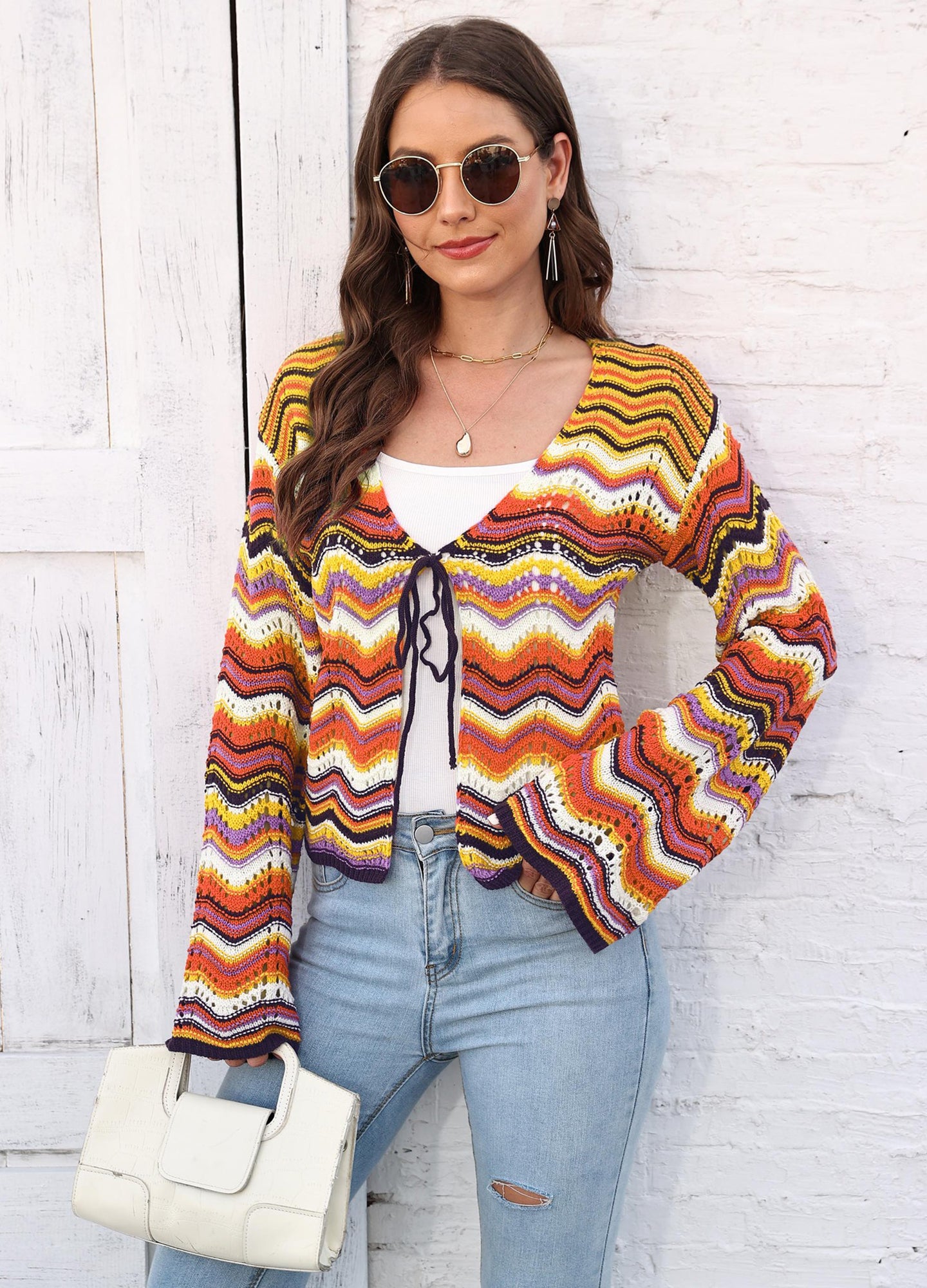 Yellow & White Printed Tie-Up Shrug