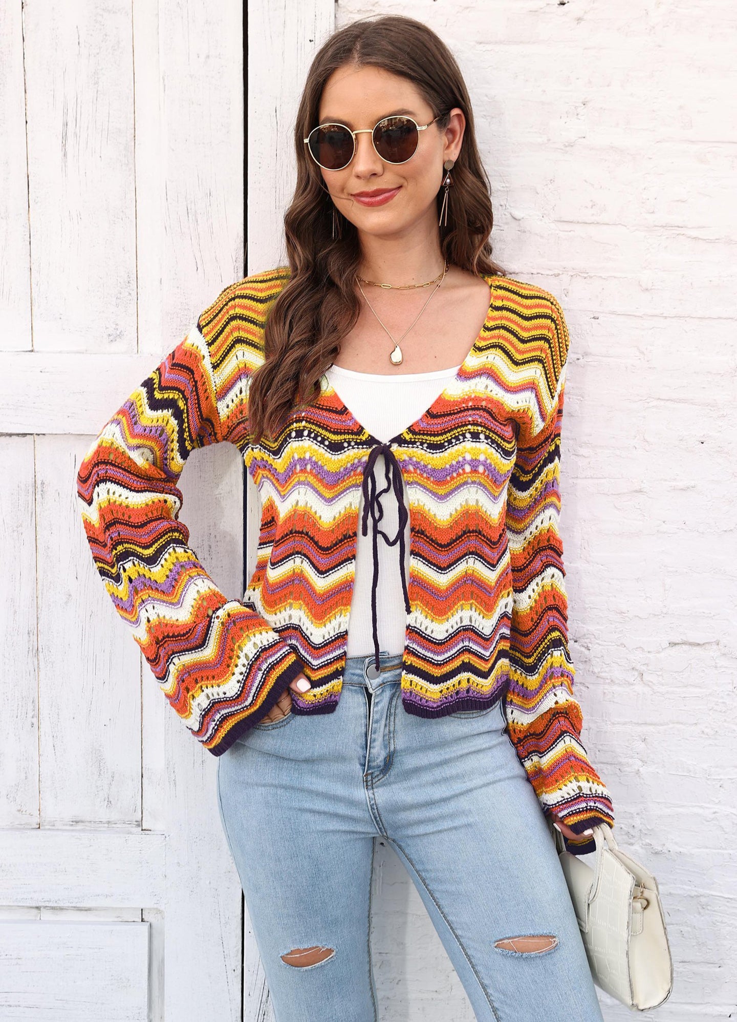 Yellow & White Printed Tie-Up Shrug
