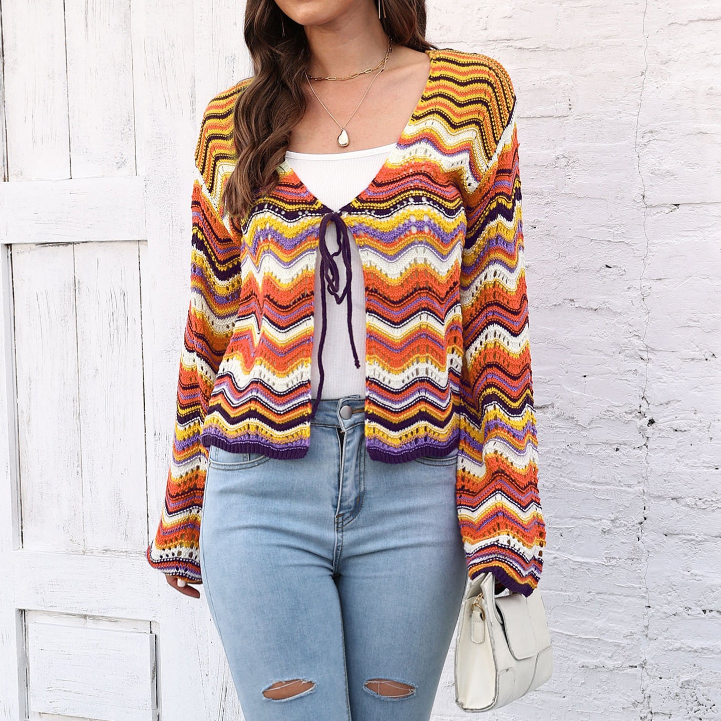 Yellow & White Printed Tie-Up Shrug