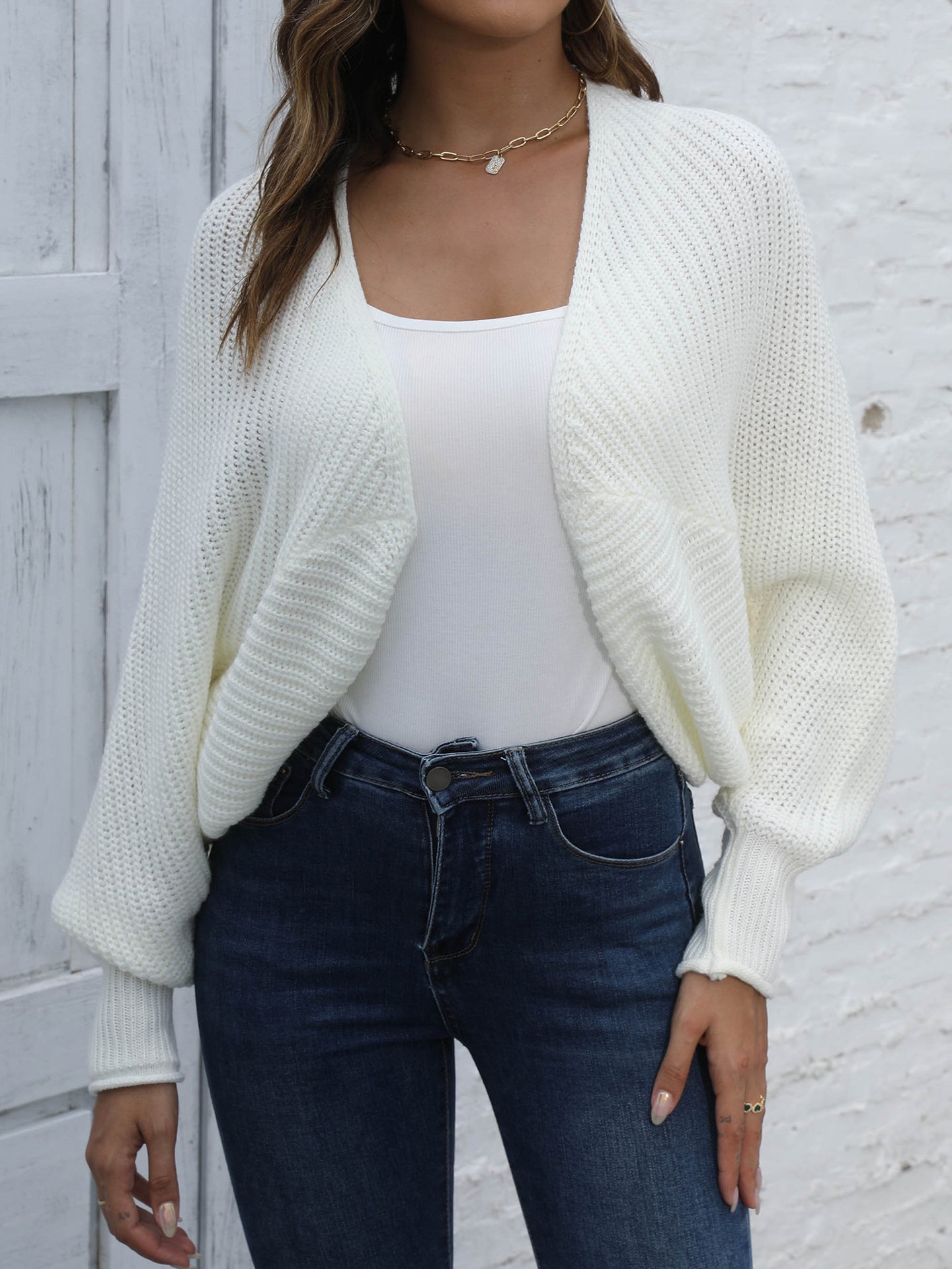 White Self Design Crop Shrug
