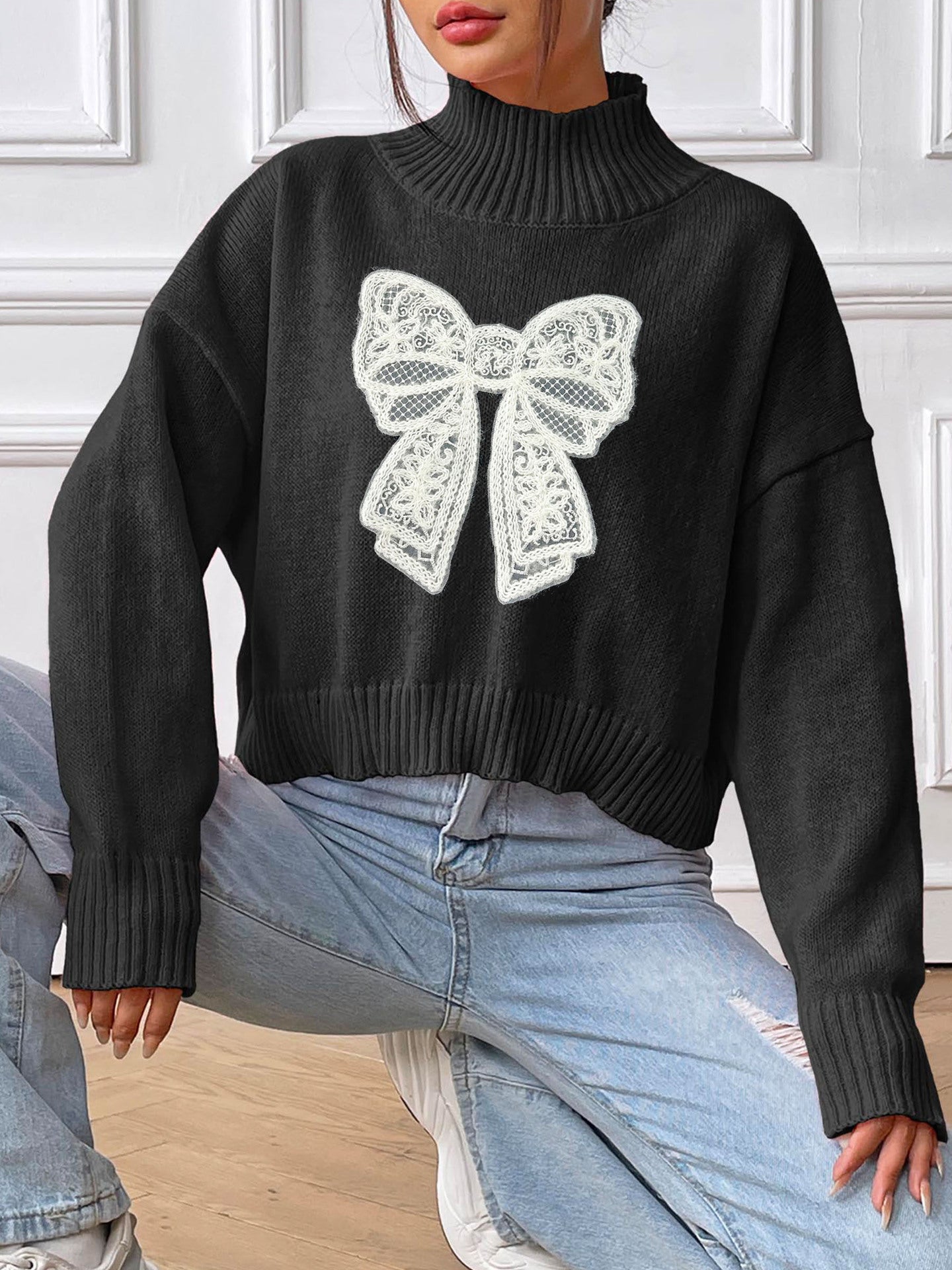 Women Graphic Printed Turtle Neck Pullover Sweaters