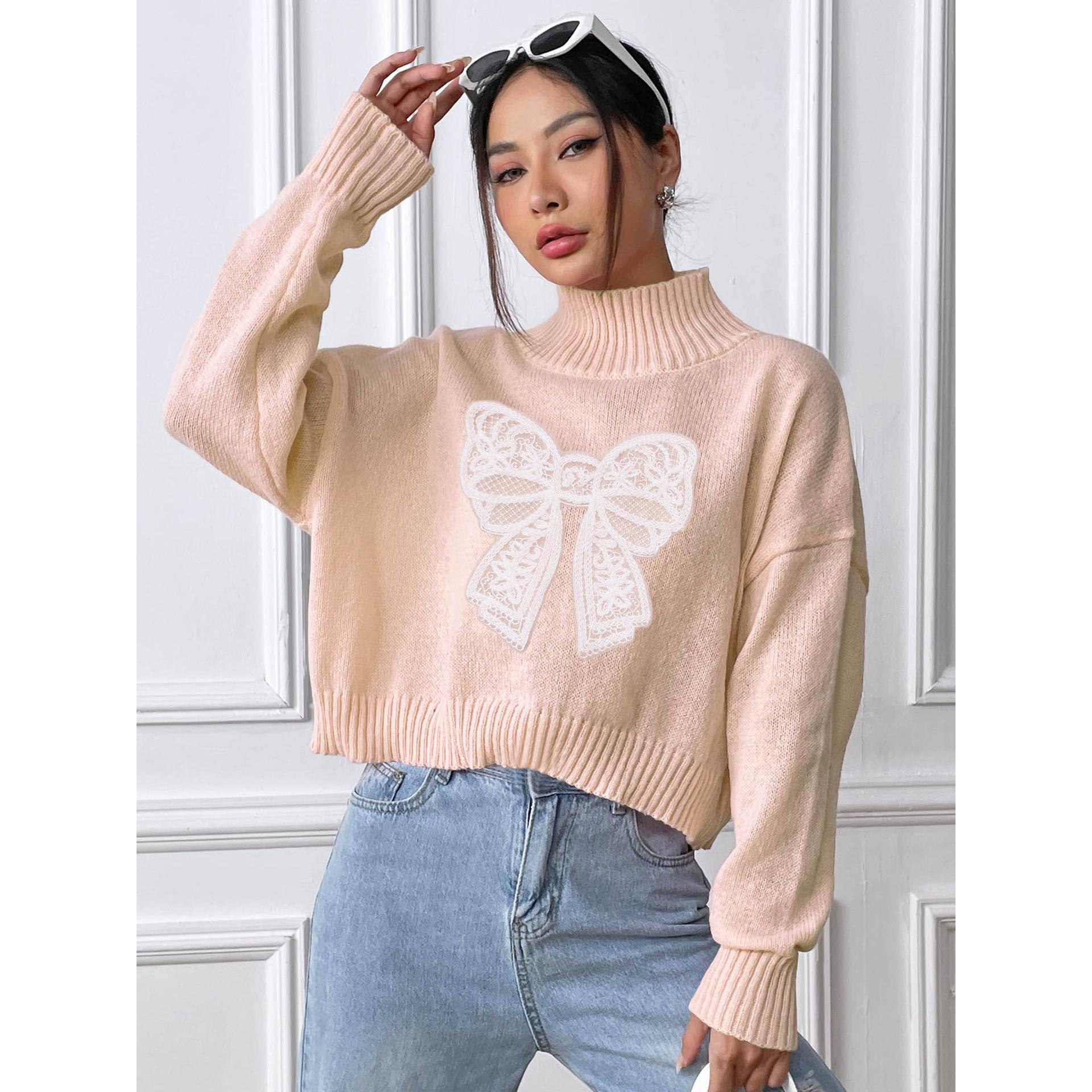 Women Embroidered Turtle Neck Long Sleeves Pullover Sweaters