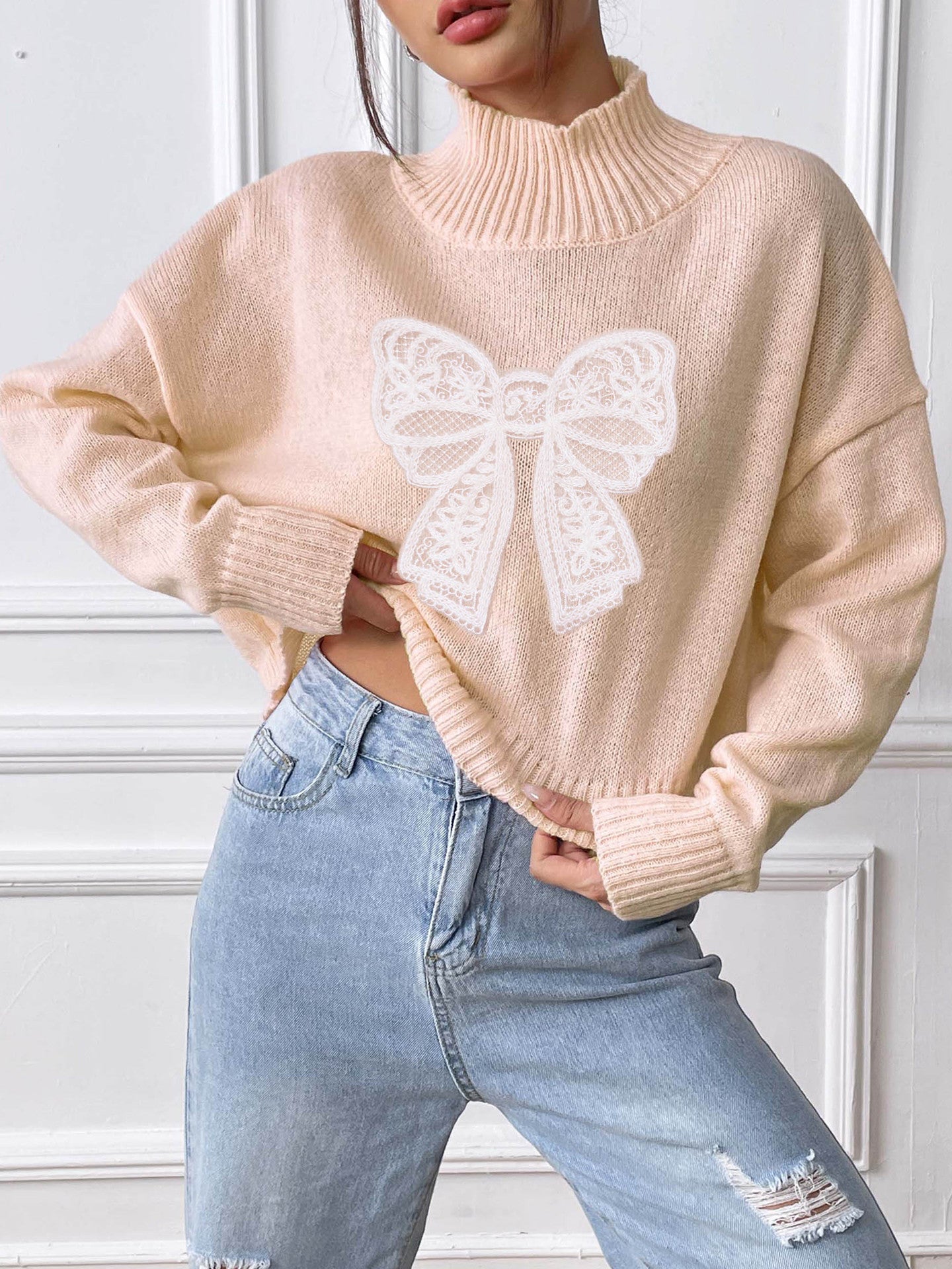 Women Embroidered Turtle Neck Long Sleeves Pullover Sweaters