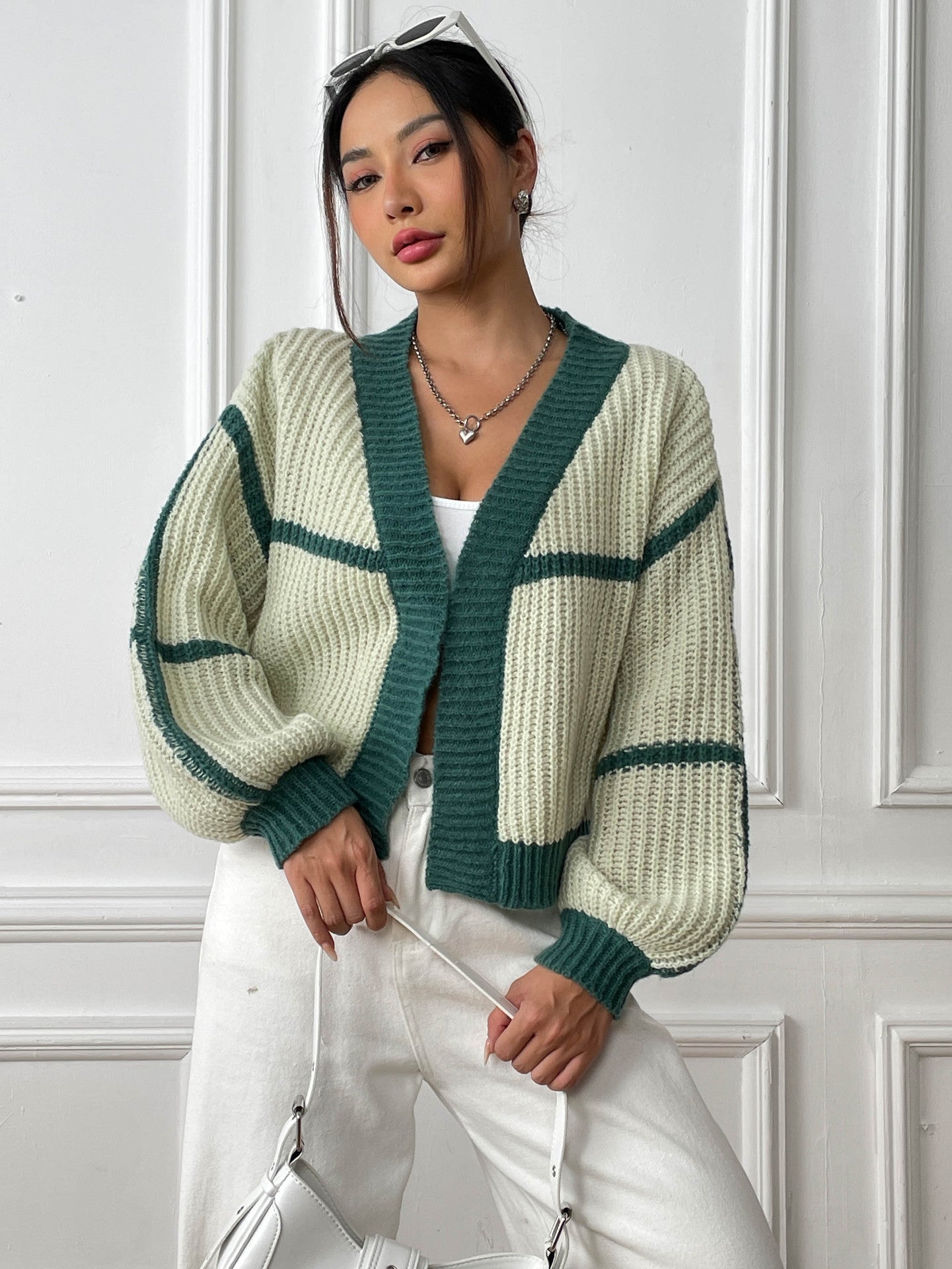 Green & White Striped Shrug