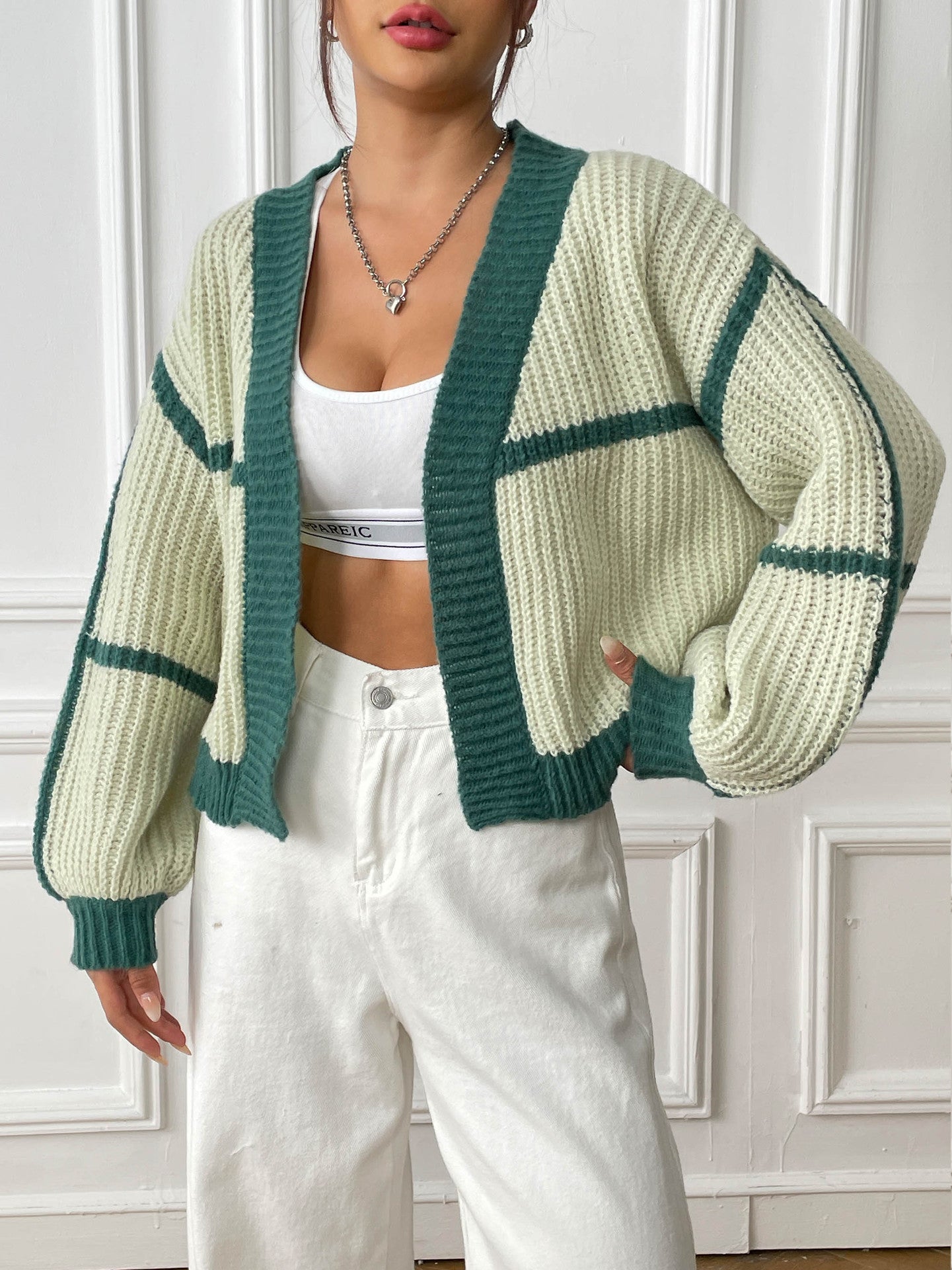 Green & White Striped Shrug
