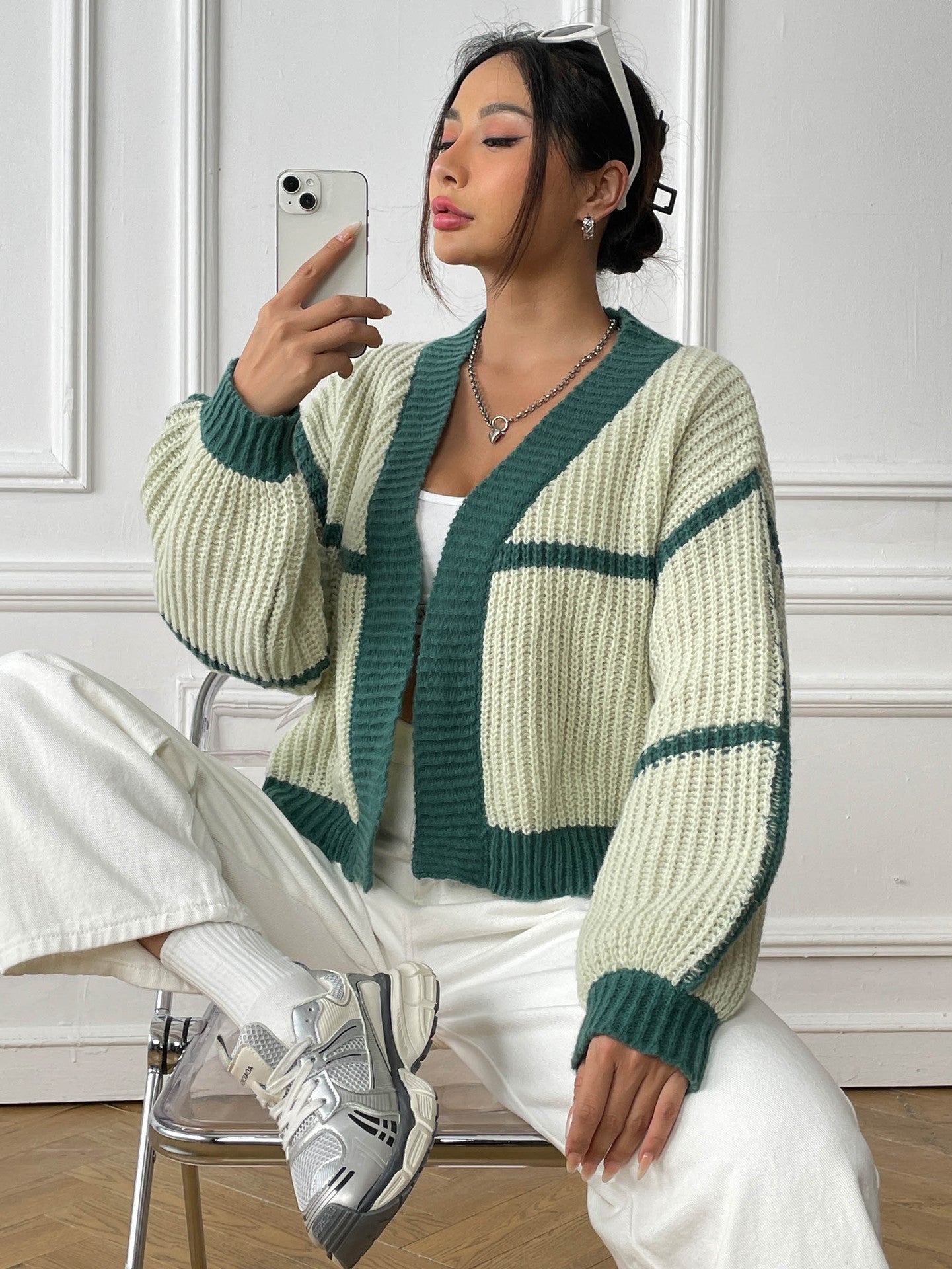 Green & White Striped Shrug