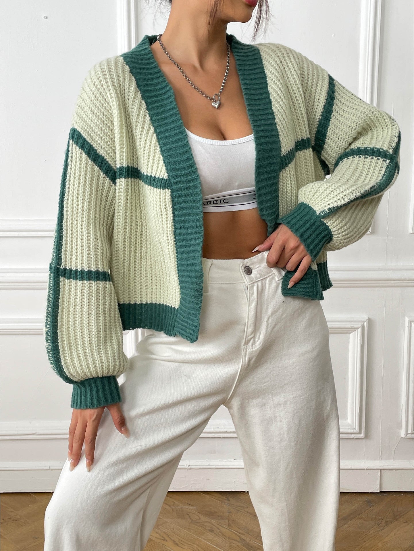 Green & White Striped Shrug