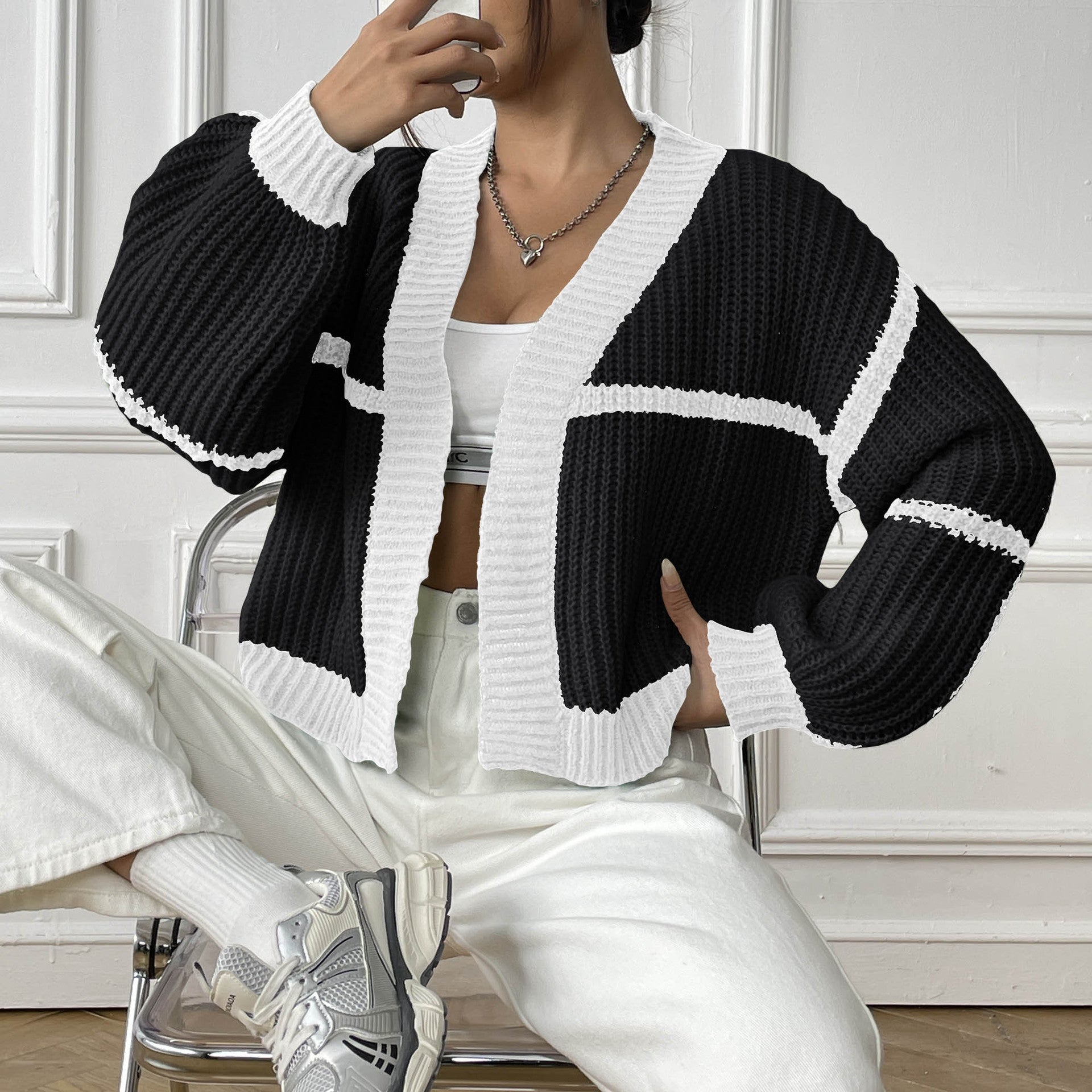 Black & White Striped Open Front Shrug