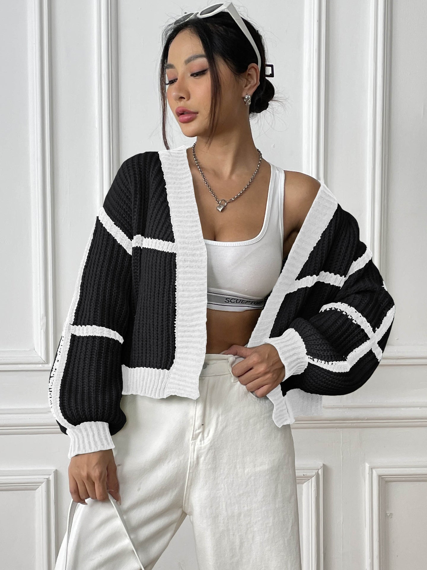 Black & White Striped Open Front Shrug