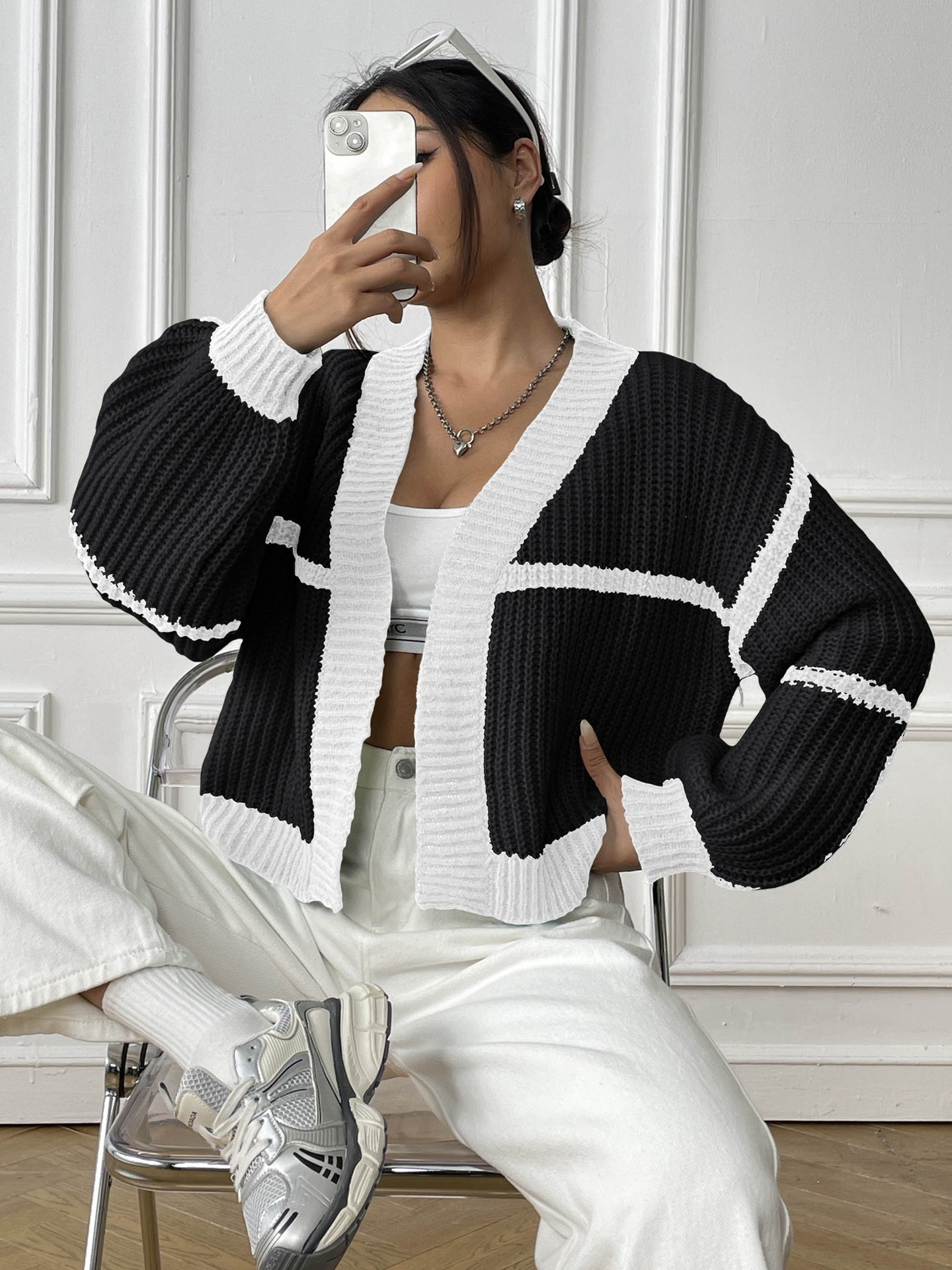 Black & White Striped Open Front Shrug