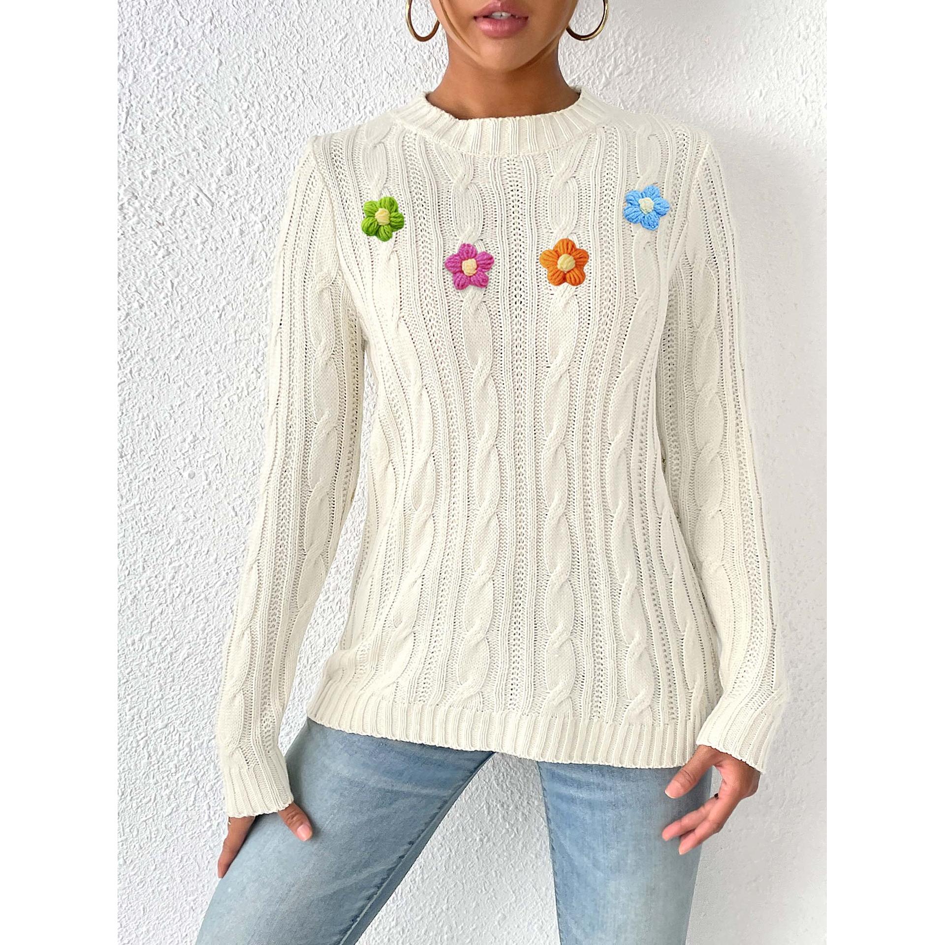 Women Floral Embroidered Round Neck Long Sleeves Pullover Sweater