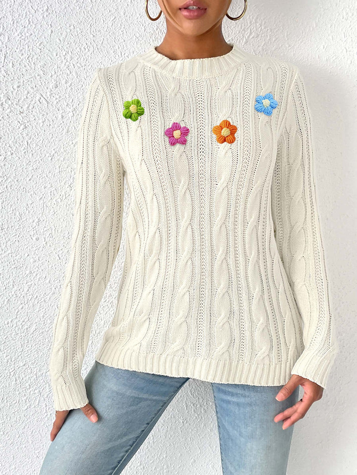 Women Floral Embroidered Round Neck Long Sleeves Pullover Sweater