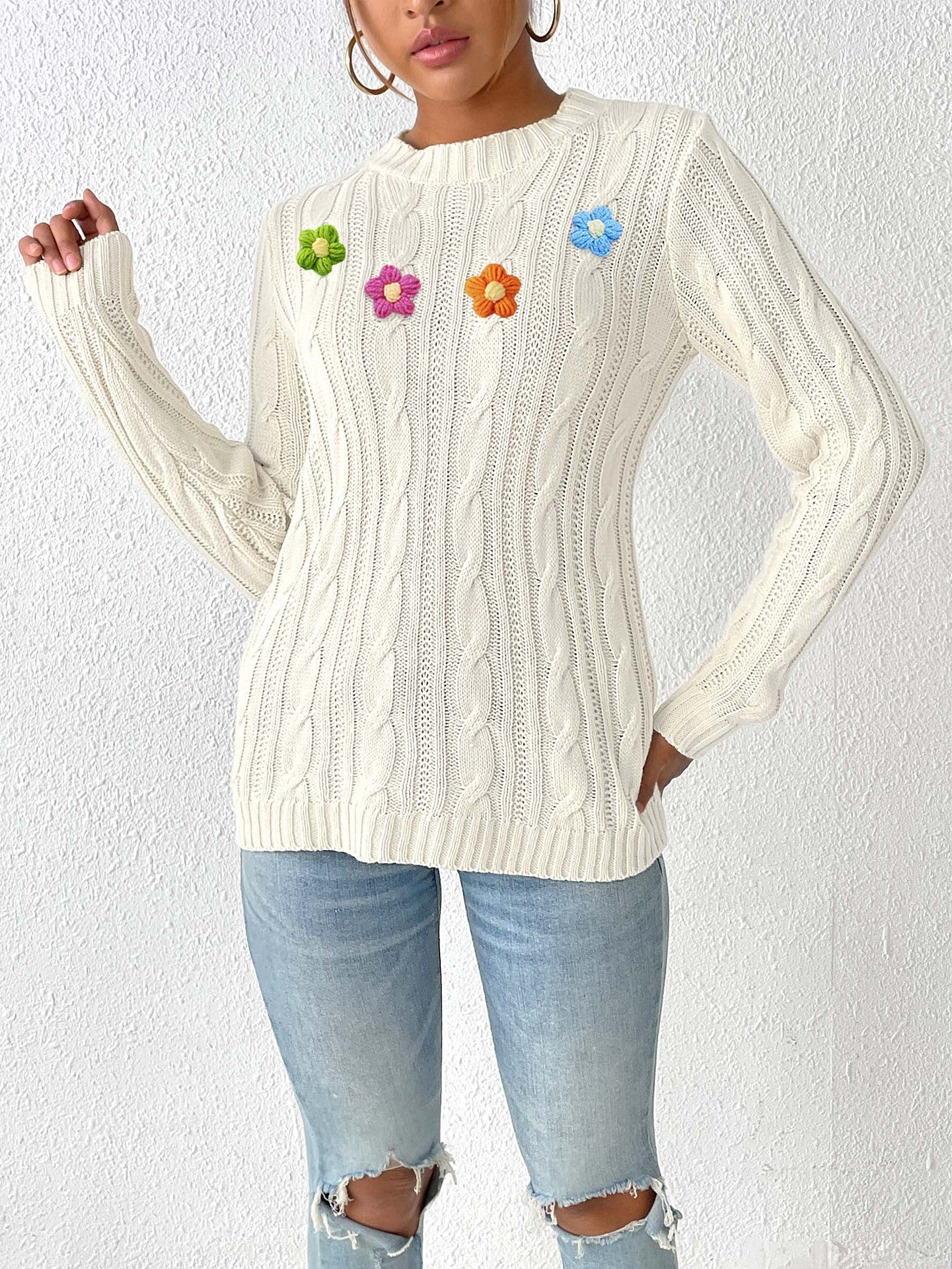 Women Floral Embroidered Round Neck Long Sleeves Pullover Sweater