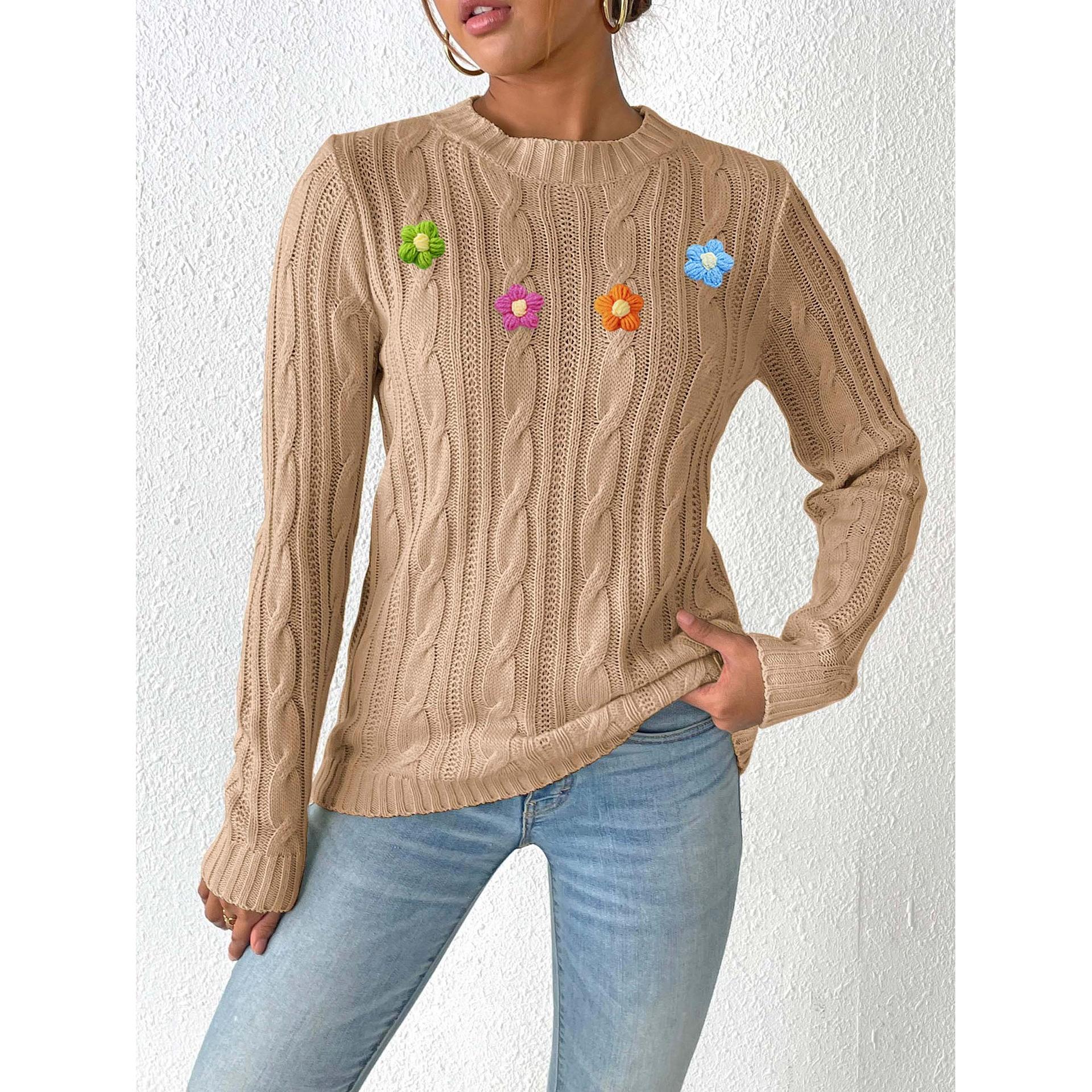 Women Cable Knit Self Design Pullover with Applique Detail