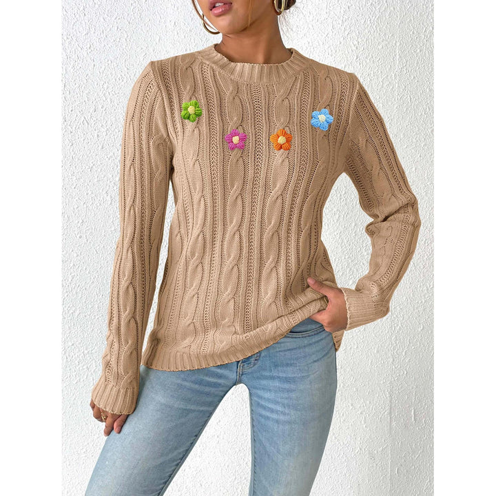 Women Cable Knit Self Design Pullover with Applique Detail