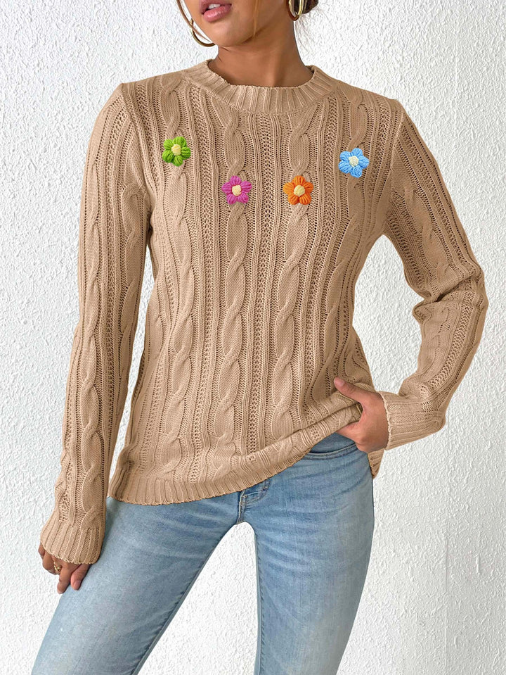 Women Cable Knit Self Design Pullover with Applique Detail