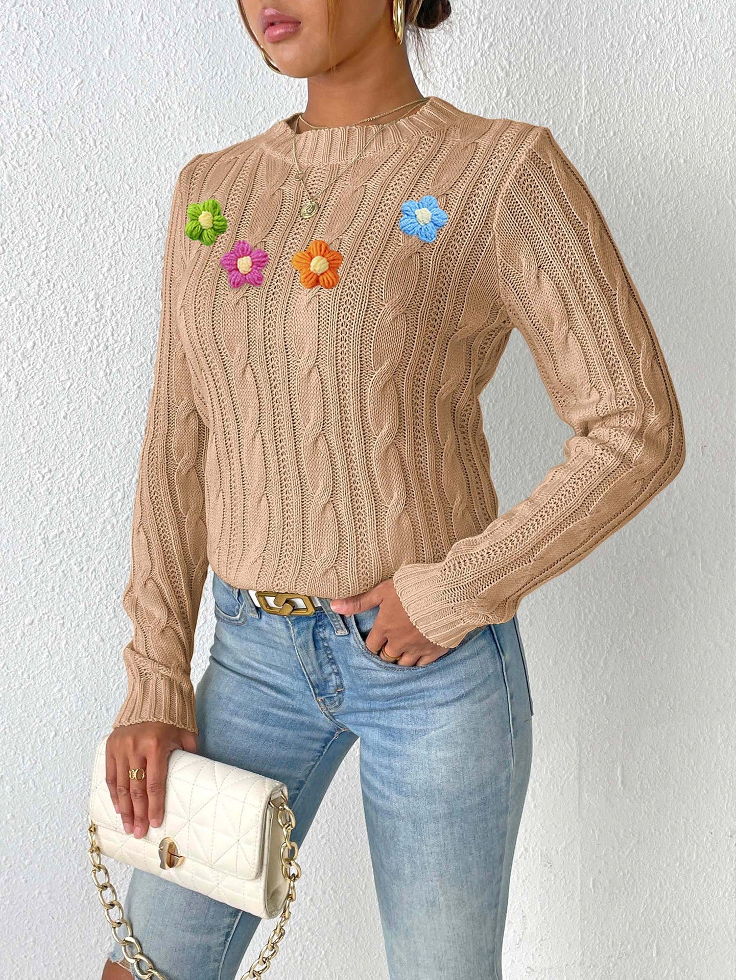 Women Cable Knit Self Design Pullover with Applique Detail