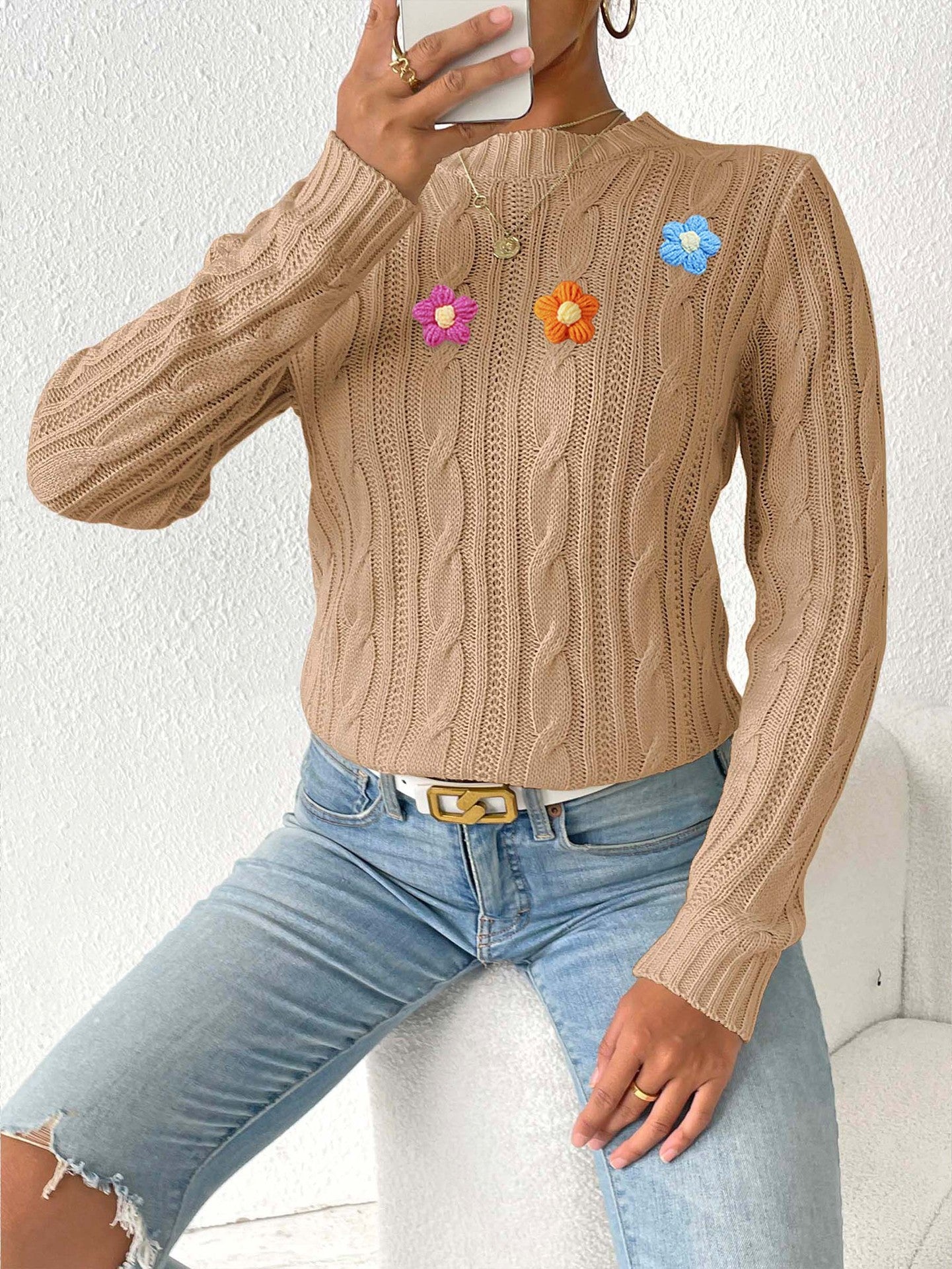 Women Cable Knit Self Design Pullover with Applique Detail