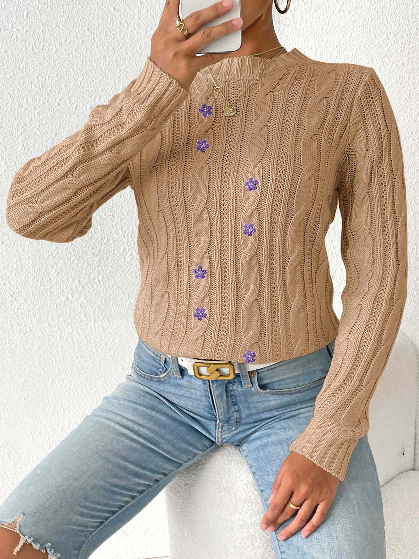 Women Cable Knit Pullover with Applique Detail