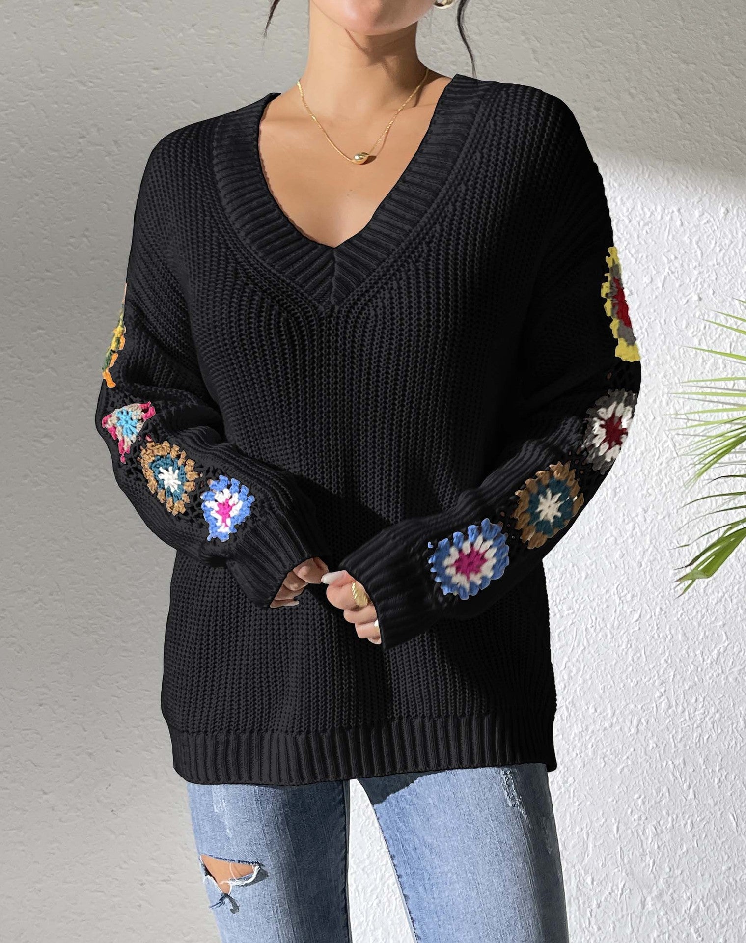 Women Floral Longline Pullover Sweater