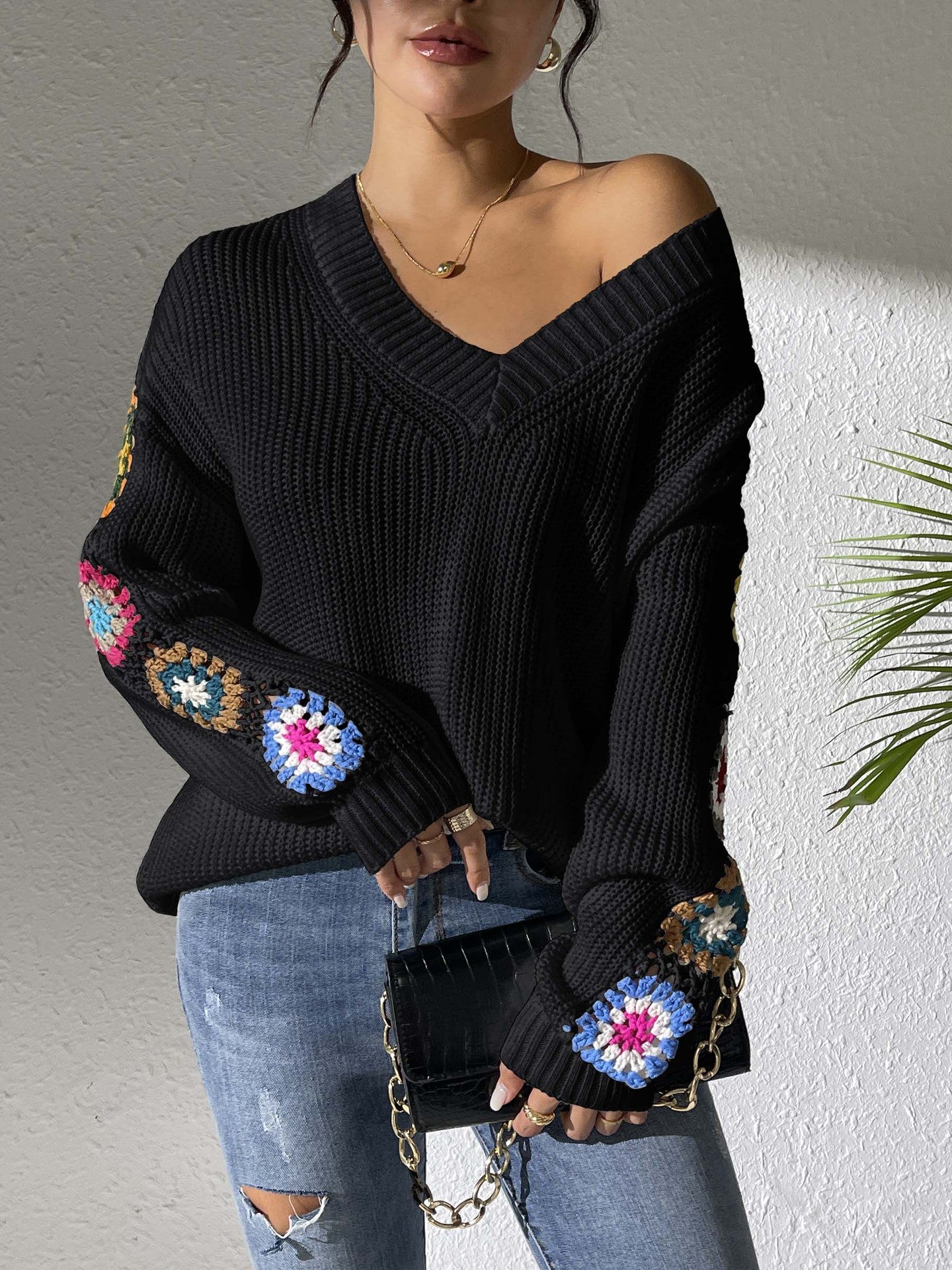 Women Floral Longline Pullover Sweater