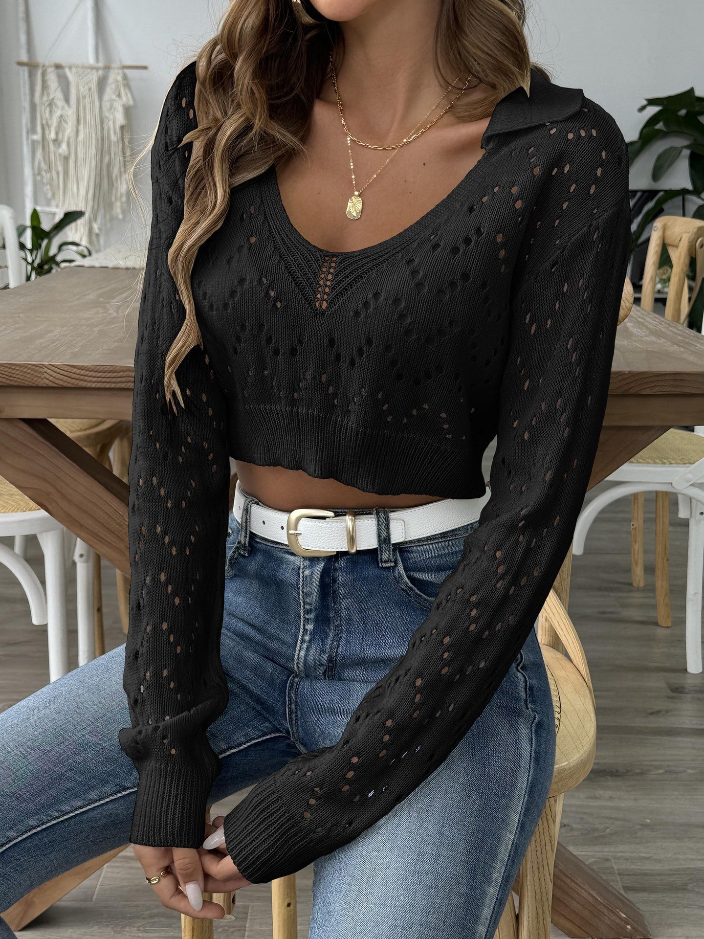 Women Self Design Shirt Collar Acrylic Top