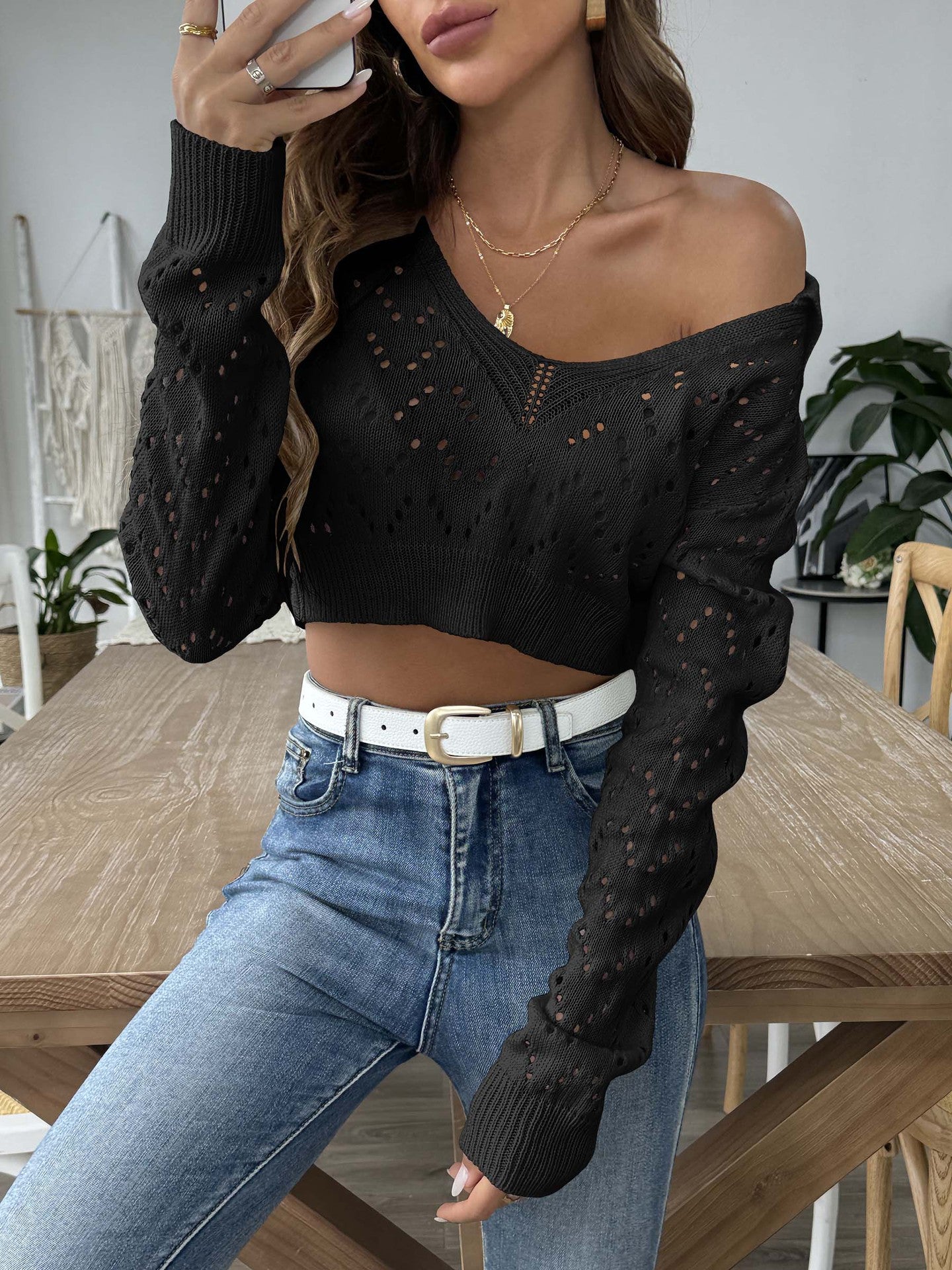 Women Self Design Shirt Collar Acrylic Top