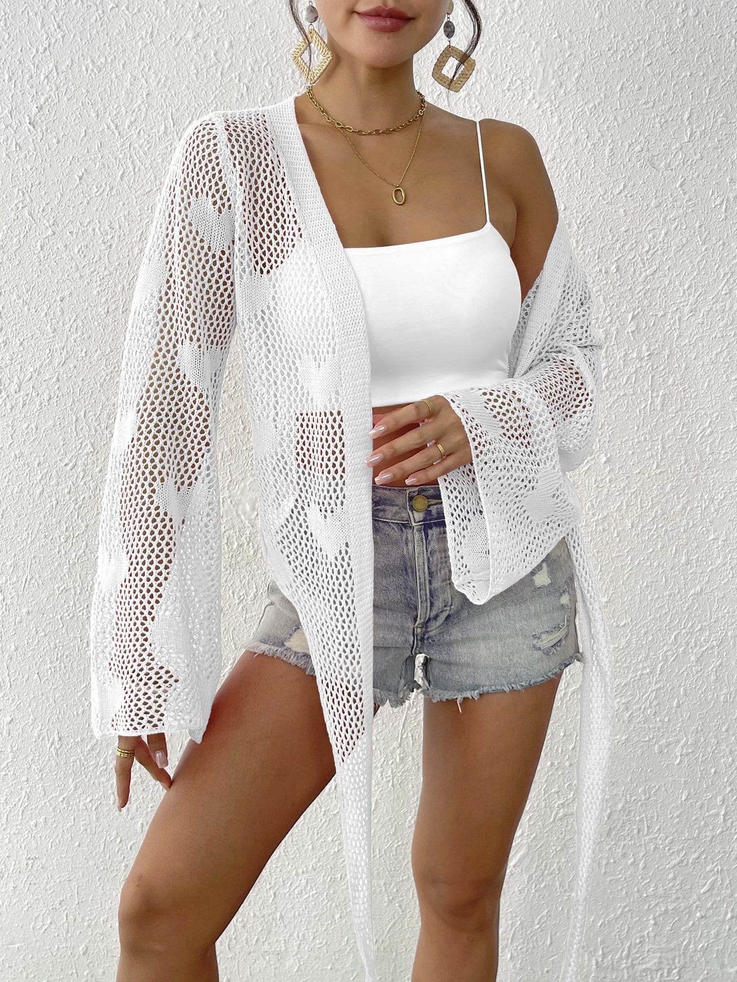 Self Design Long Sleeves Tie-Up Shrug