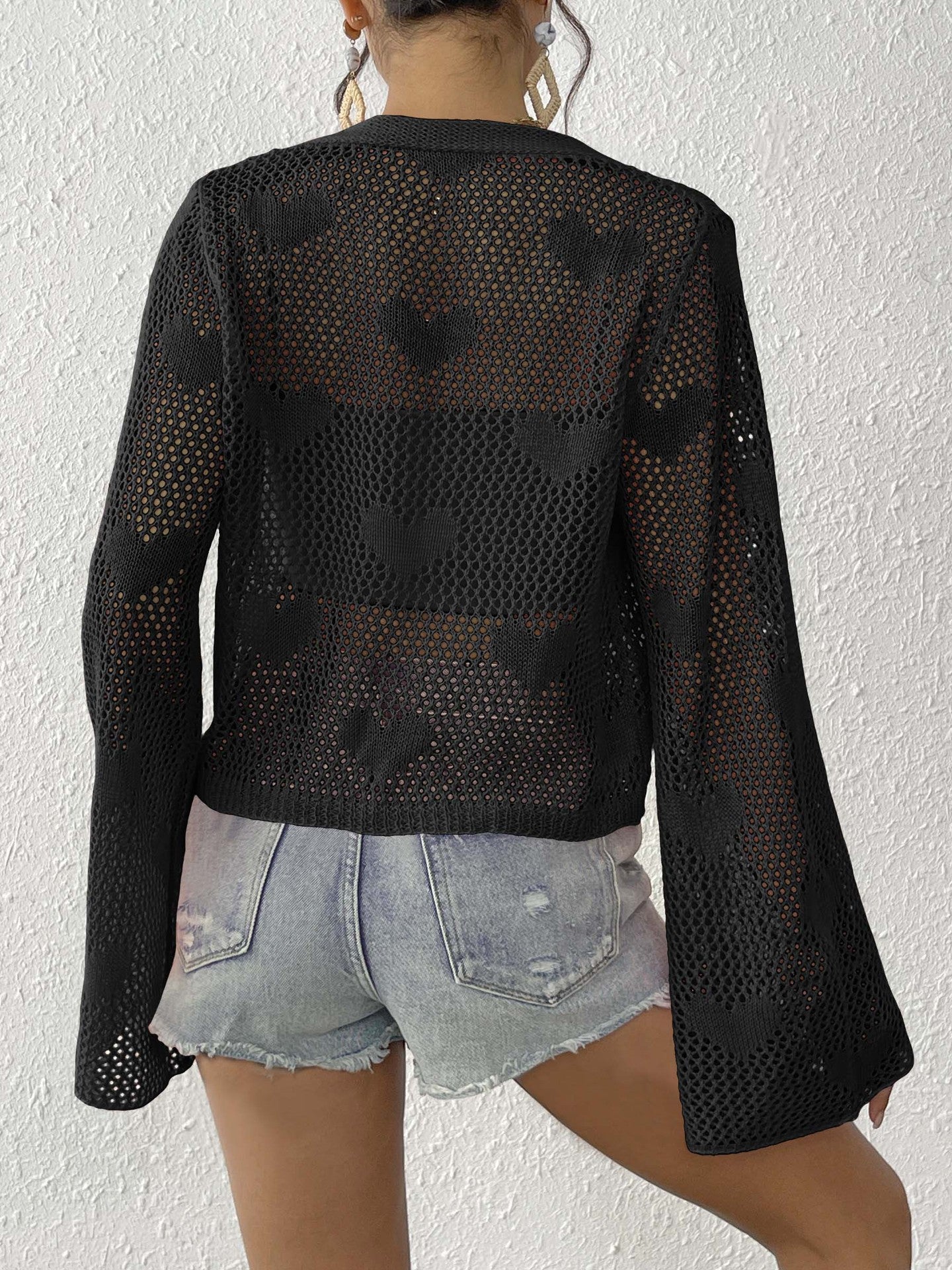Self Design Long Sleeves Tie-Up Shrug