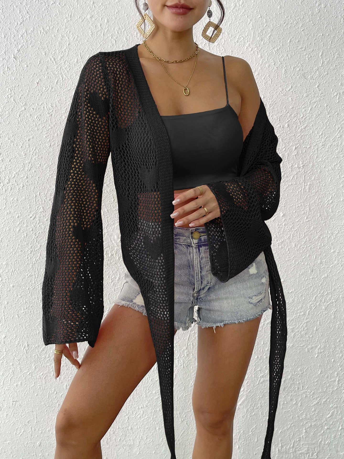 Self Design Long Sleeves Tie-Up Shrug