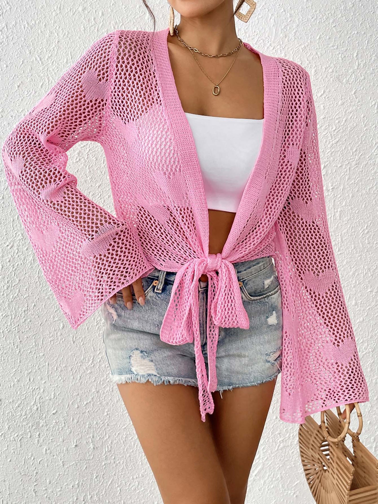 Self Design Long Sleeves Tie-Up Shrug