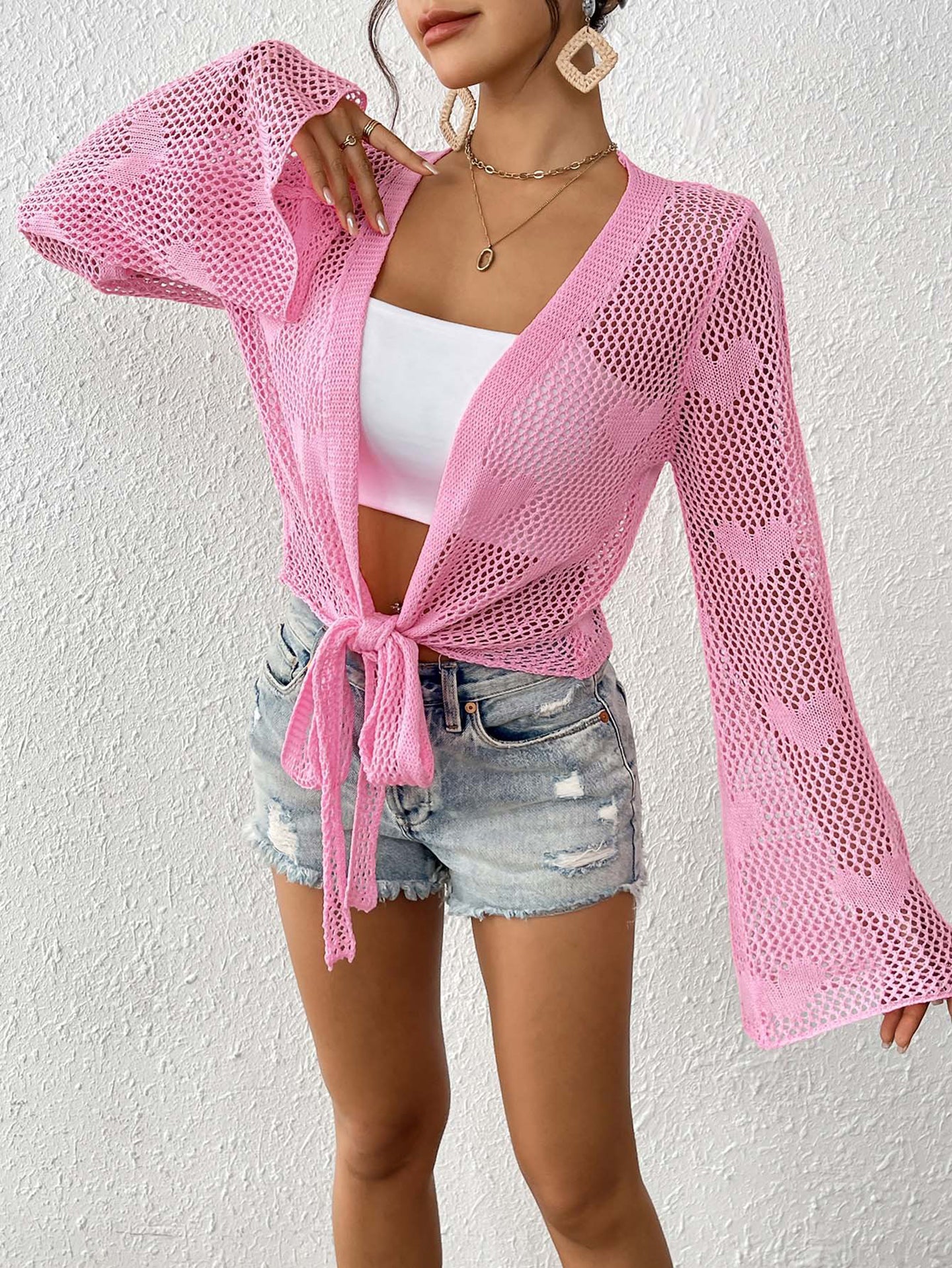 Self Design Long Sleeves Tie-Up Shrug