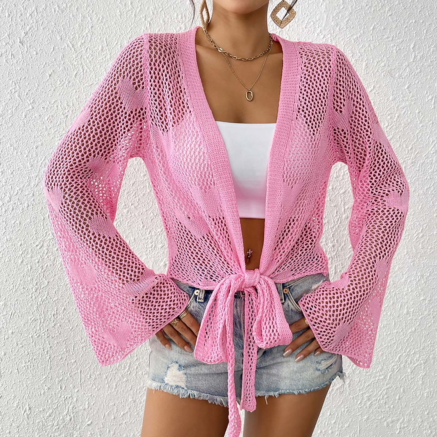 Self Design Long Sleeves Tie-Up Shrug