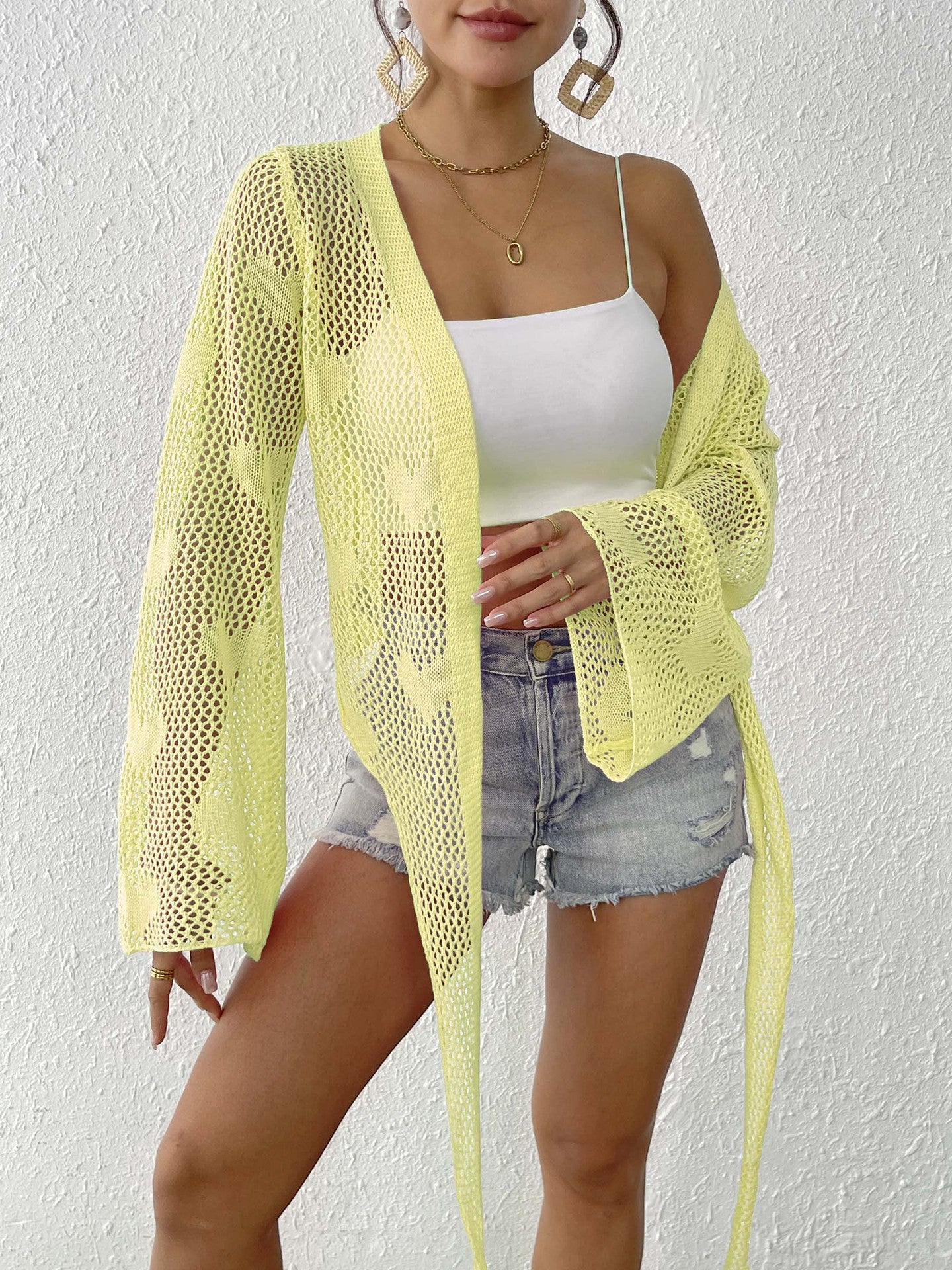 Self Design Long Sleeves Tie-Up Shrug