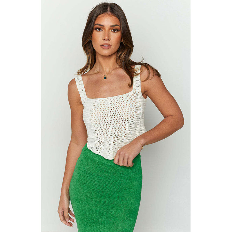 Self Design Square Neck Shoulder Straps Tweed Top