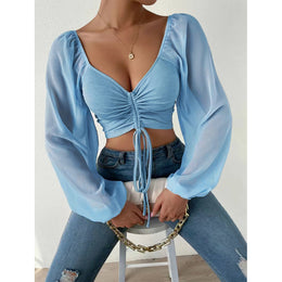 Women Solid Sweetheart Neck Long Sleeves Crop Top