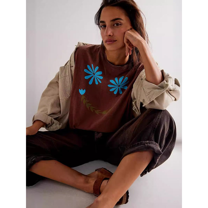 Women Floral Print Round Neck Extended Sleeves Top