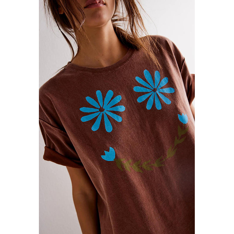 Women Floral Print Round Neck Extended Sleeves Top
