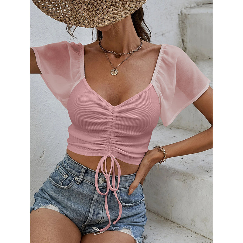 Women Solid Gathered or Pleated Striped Crop Top