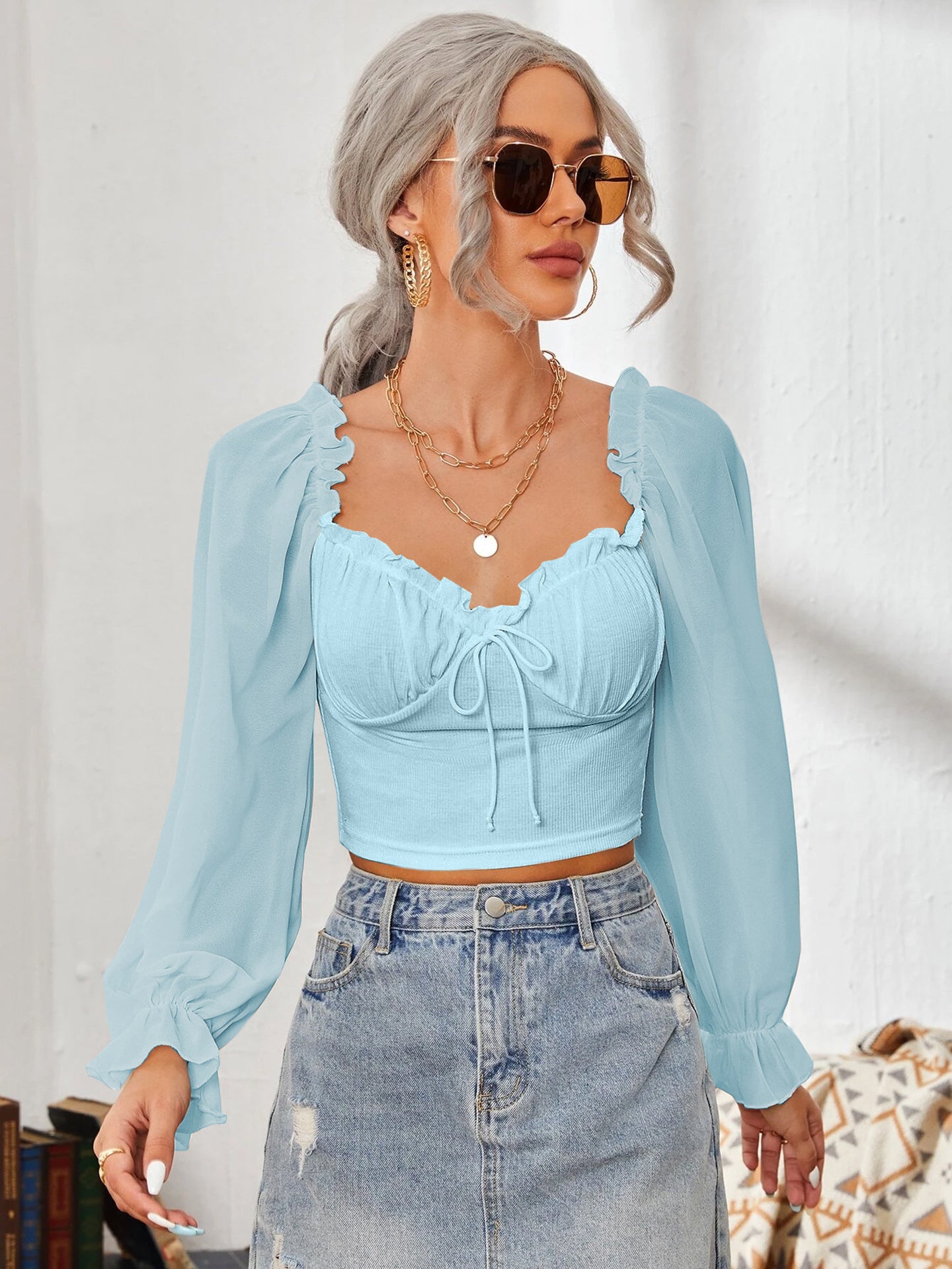 Women Sweetheart Neck Puff Sleeve Ruffles Tank Top