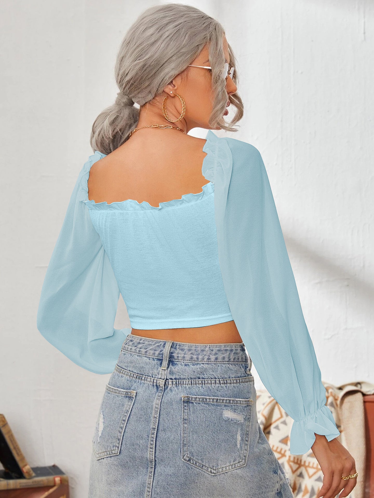 Women Sweetheart Neck Puff Sleeve Ruffles Tank Top