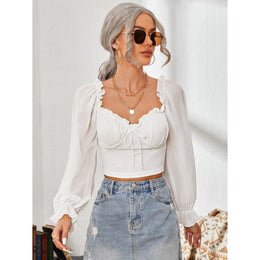 Women Sweetheart Neck Puff Sleeve Ruffles Fitted Crop Top