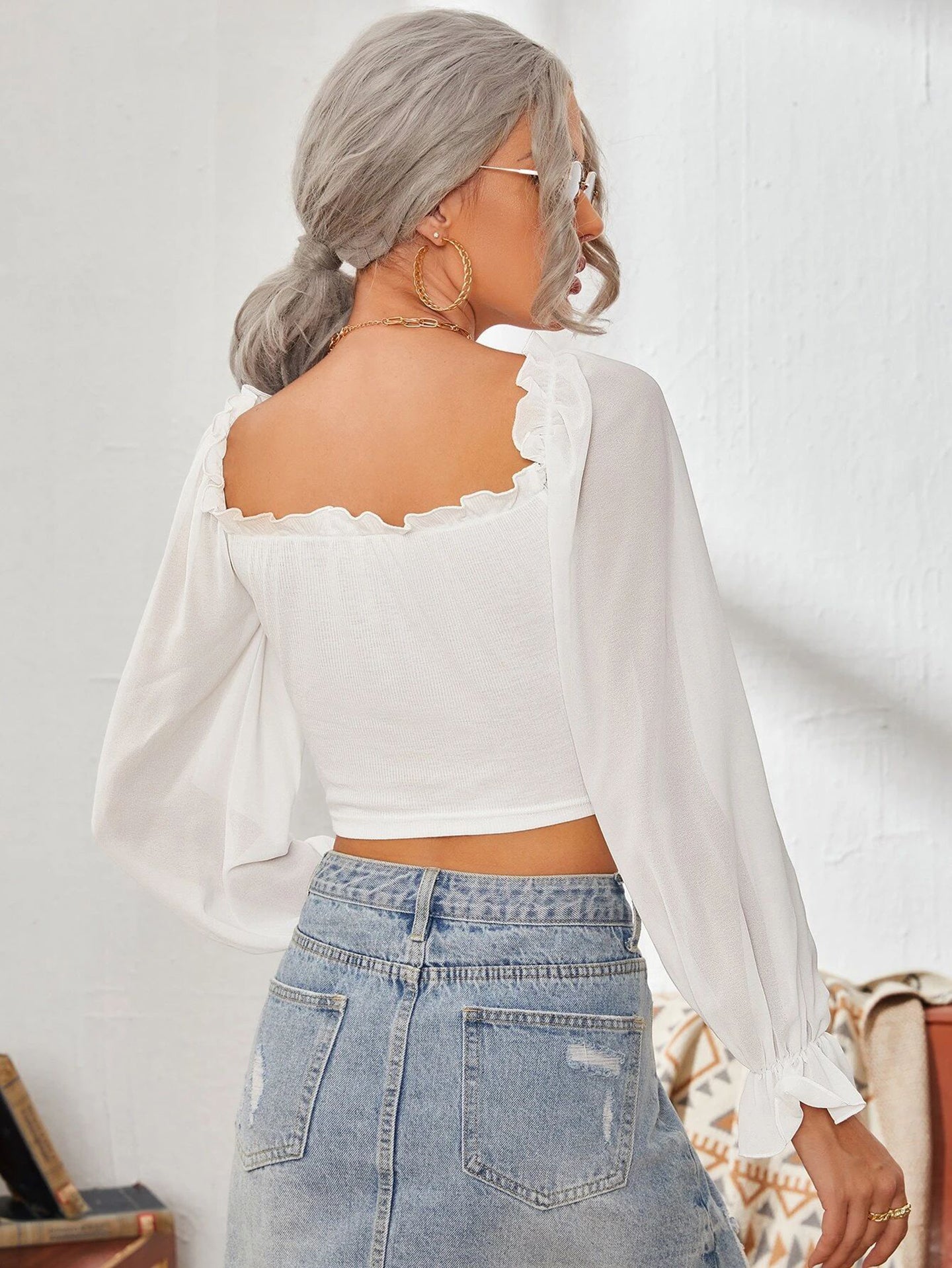 Women Sweetheart Neck Puff Sleeve Ruffles Fitted Crop Top