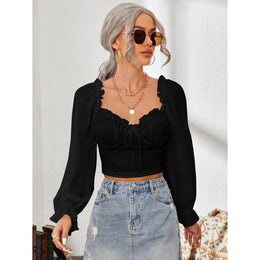 Sweetheart Neck Puff Sleeve Tie-Ups Blouson Crop Top