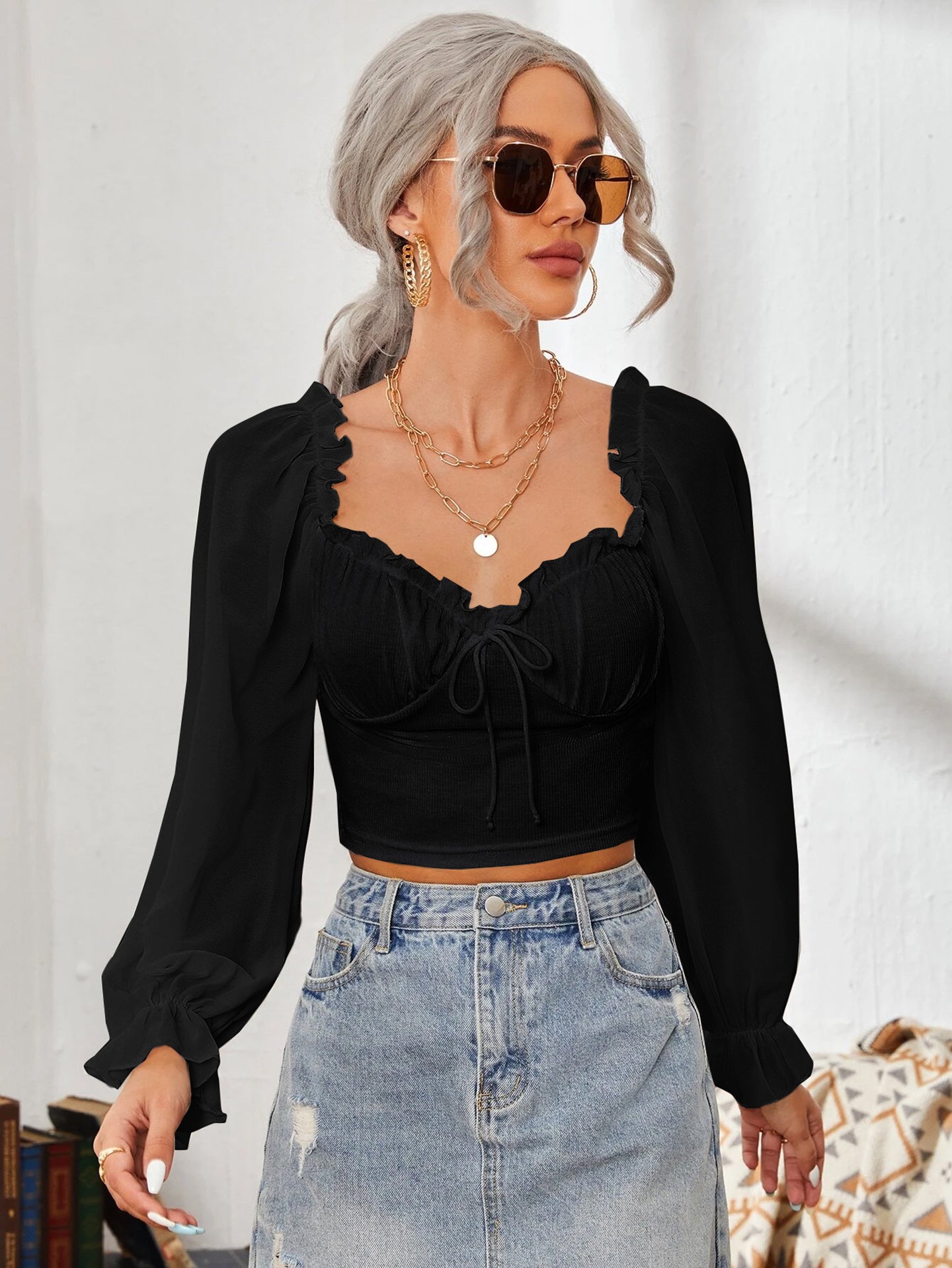 Sweetheart Neck Puff Sleeve Tie-Ups Blouson Crop Top