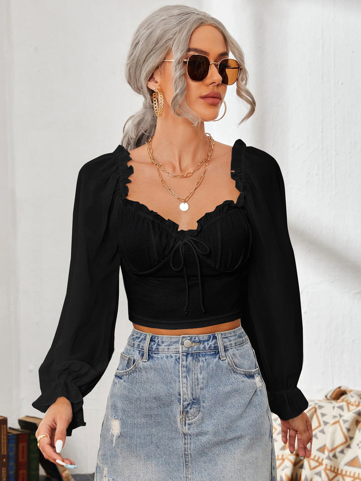 Sweetheart Neck Puff Sleeve Tie-Ups Blouson Crop Top