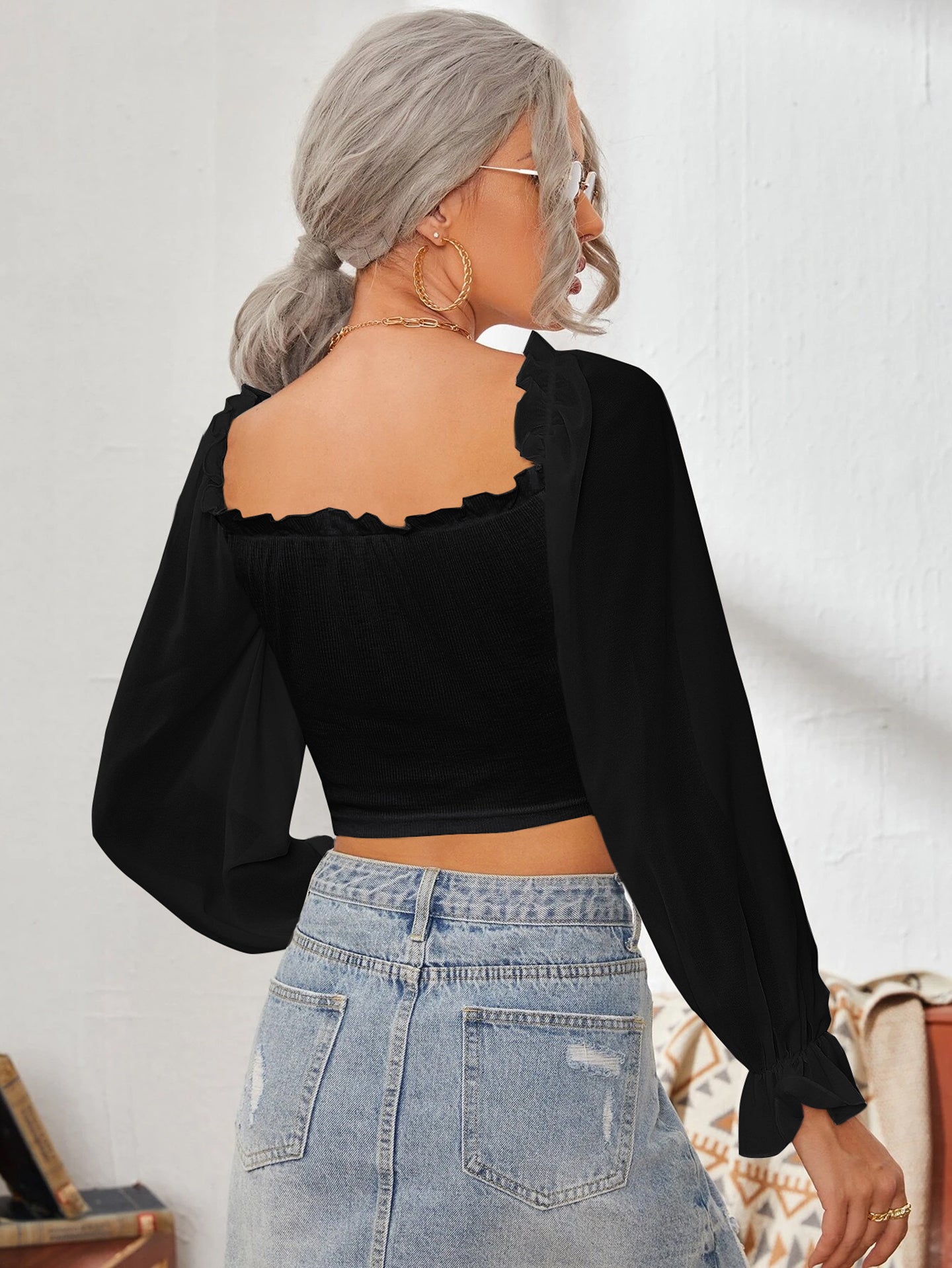 Sweetheart Neck Puff Sleeve Tie-Ups Blouson Crop Top
