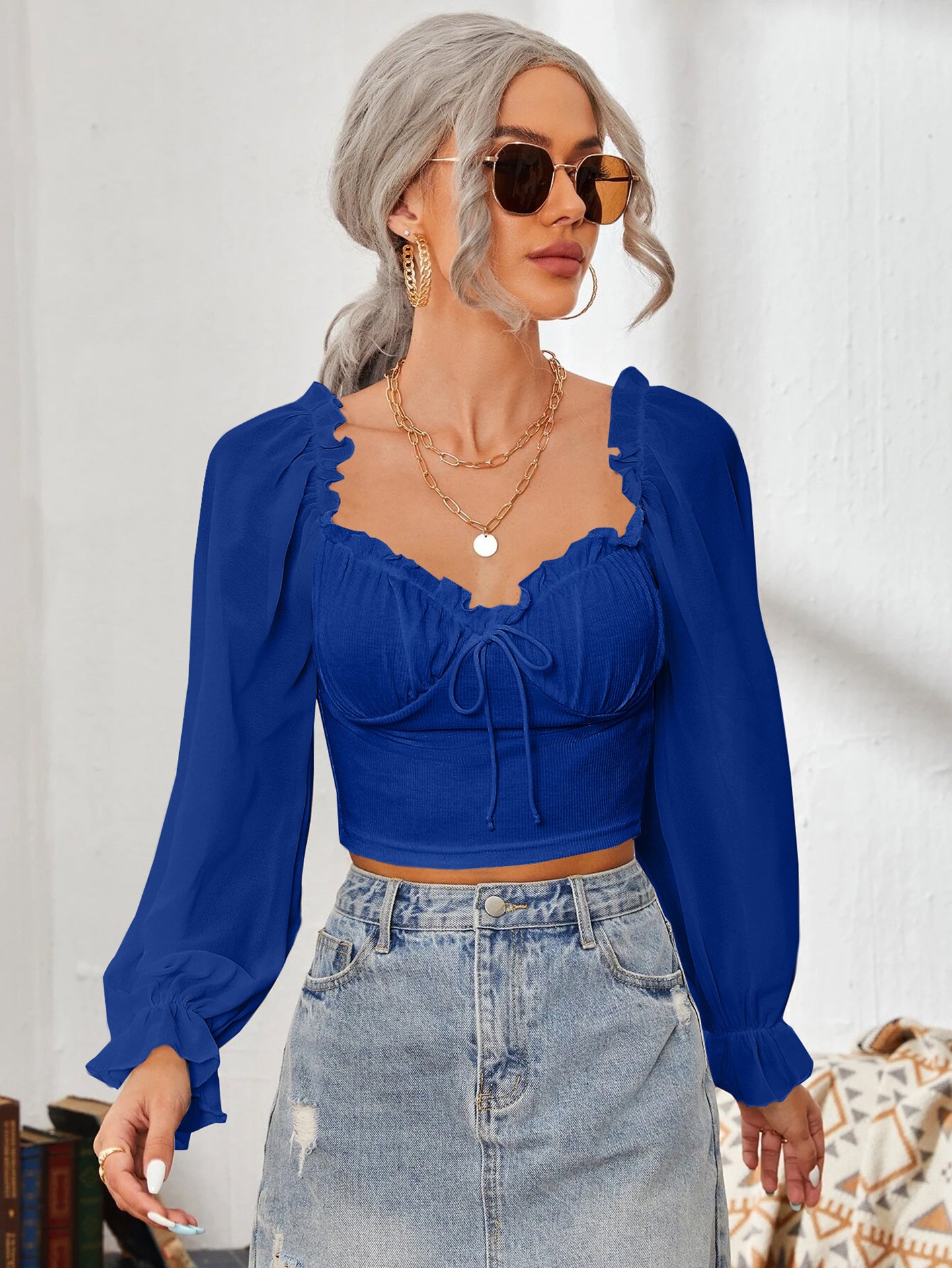 Women Sweetheart Neck Puff Sleeve Ruffles Tank Top
