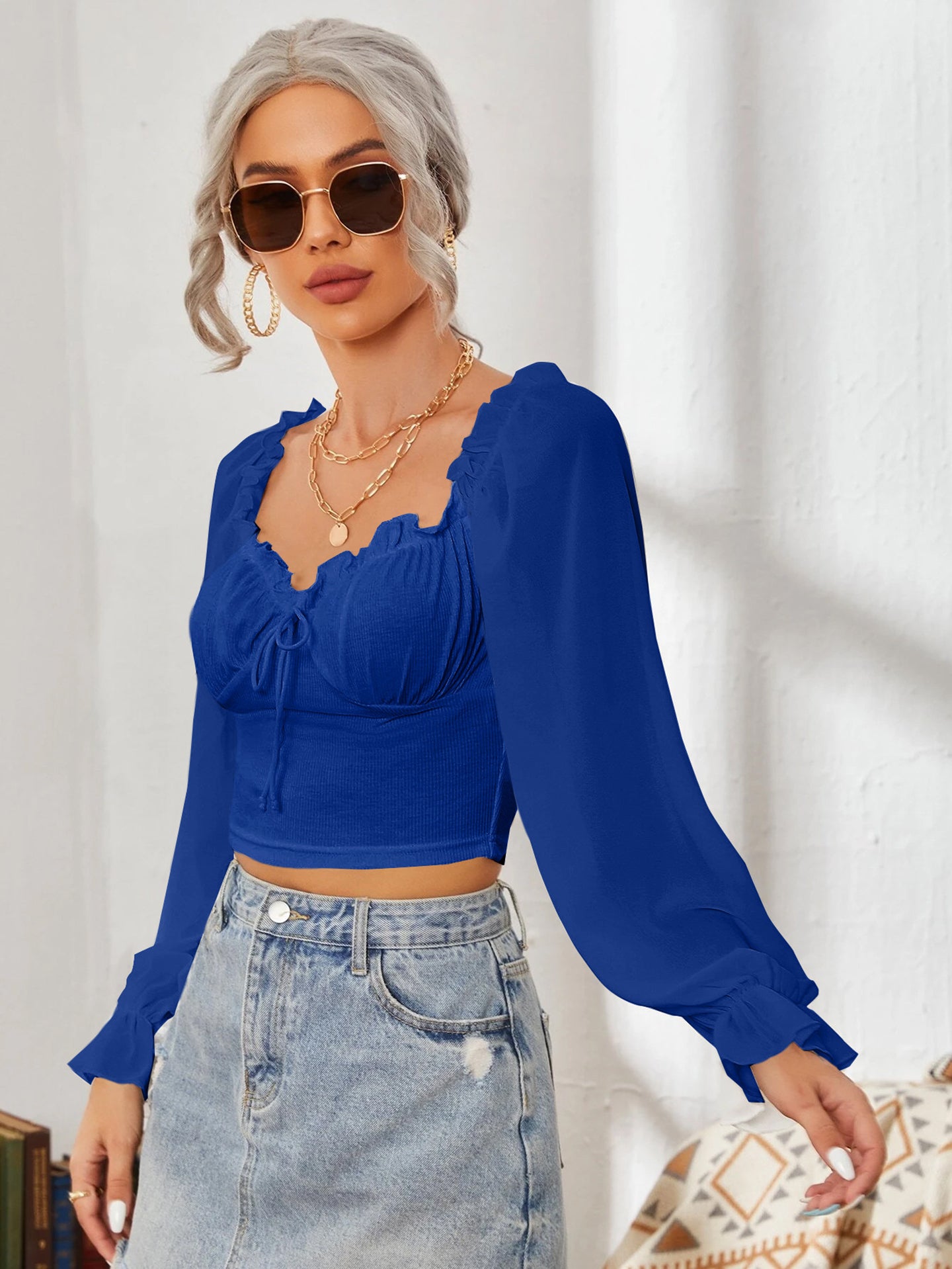 Women Sweetheart Neck Puff Sleeve Ruffles Tank Top