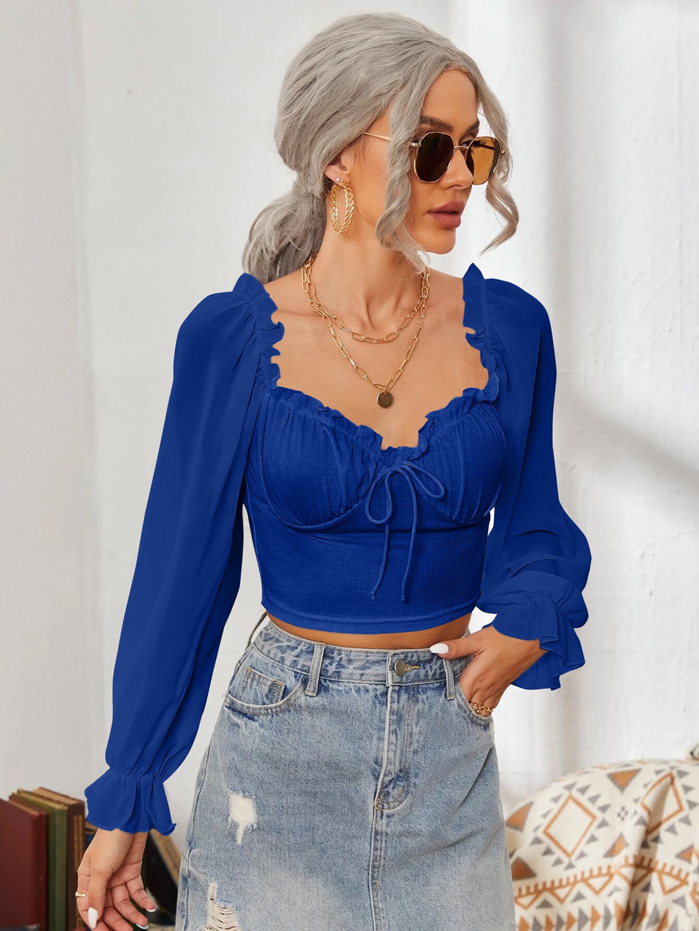 Women Sweetheart Neck Puff Sleeve Ruffles Tank Top